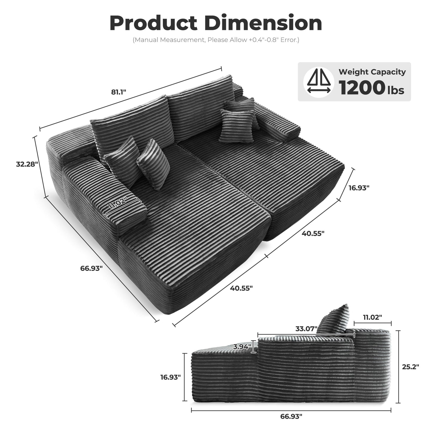 OVIOS Long Plush No Assembly Required Double Chaise Sofa
