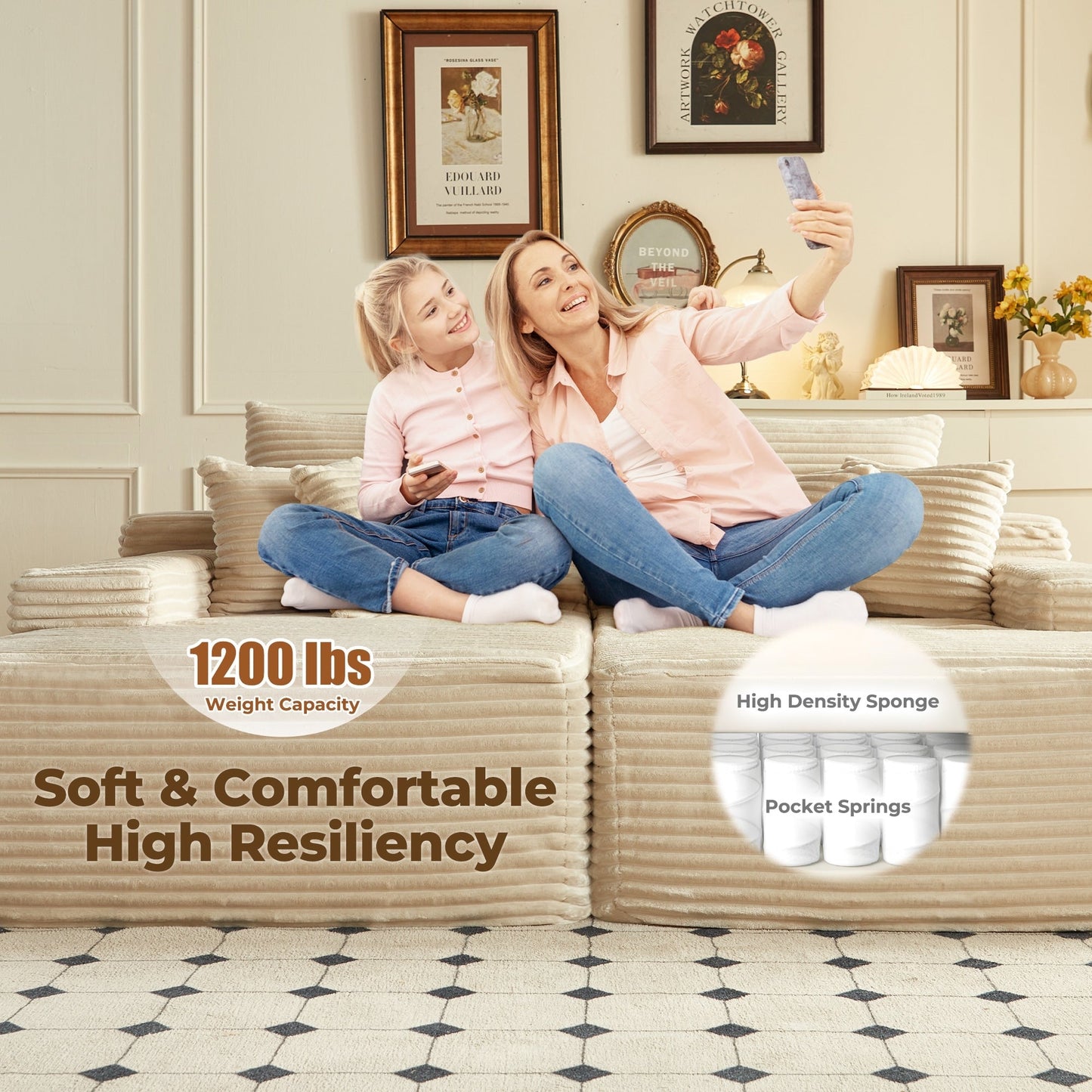 OVIOS Long Plush No Assembly Required Double Chaise Sofa