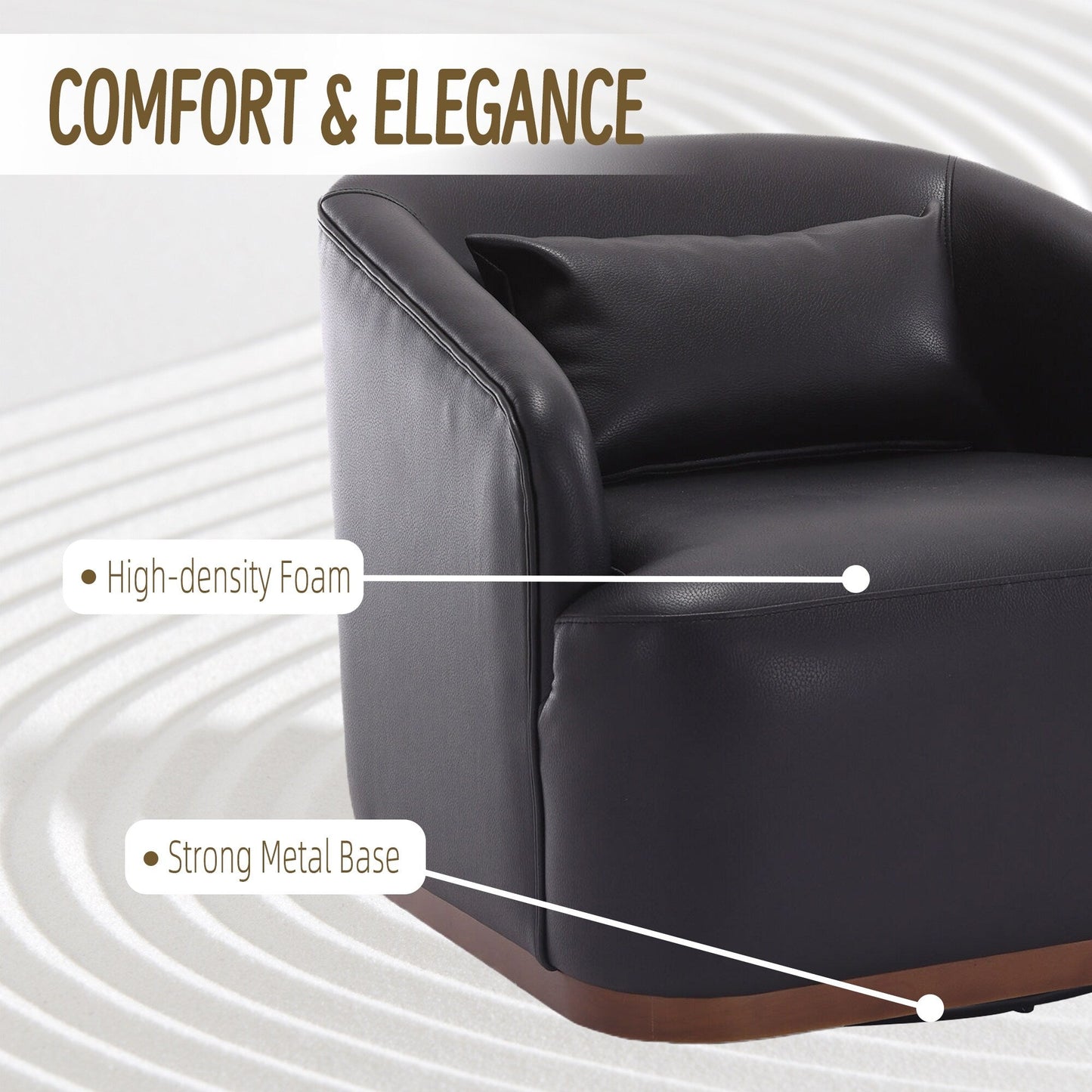 PU Swivel Barrel Chair, 360-Degree Rotating Club Chair for Living Room, or Lounge, Comfortable Accent Chair with Metal Base