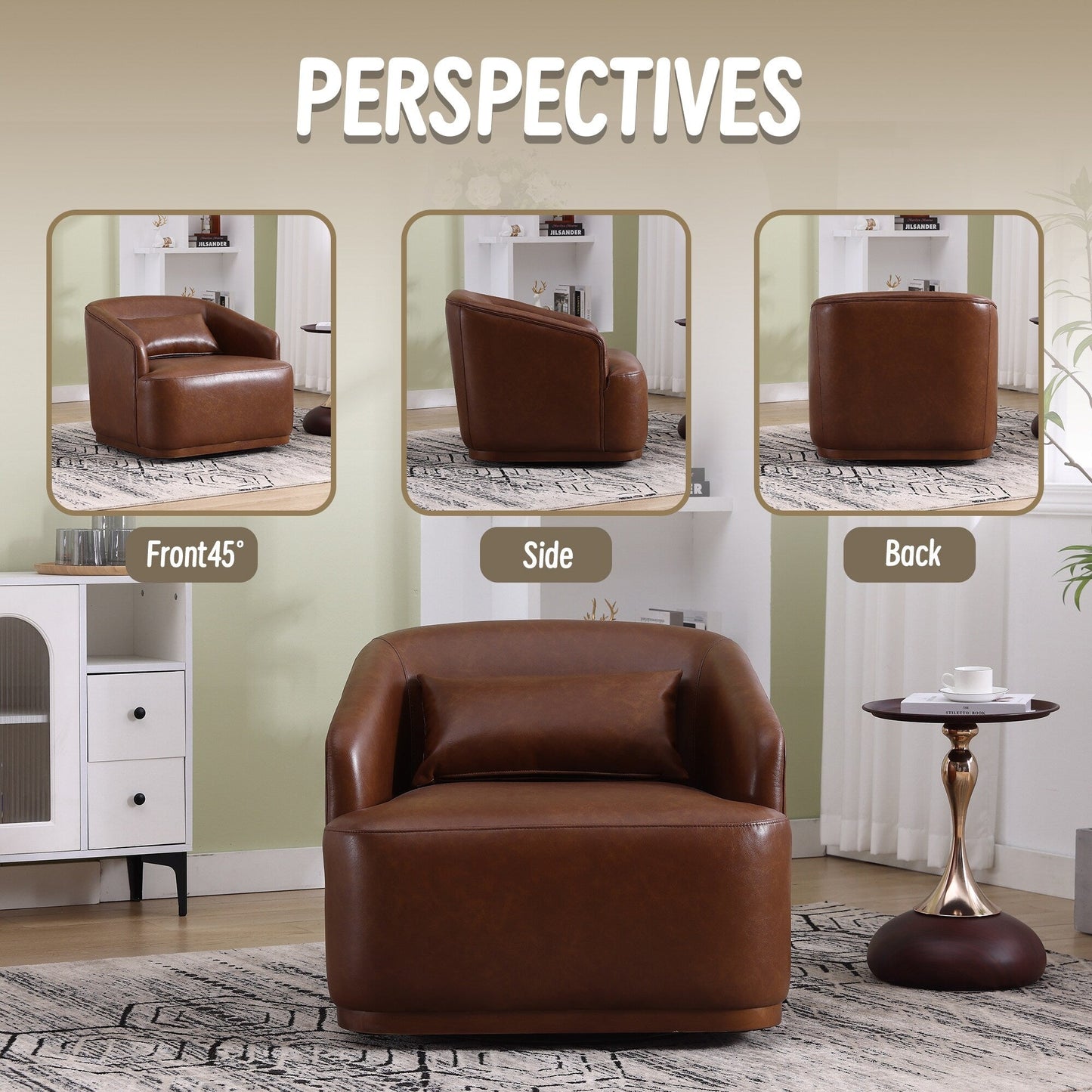 PU Swivel Barrel Chair, 360-Degree Rotating Club Chair for Living Room, or Lounge, Comfortable Accent Chair with Metal Base