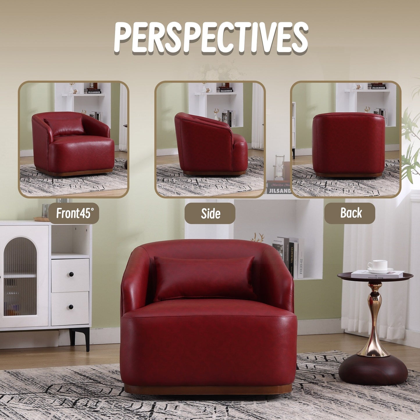 PU Swivel Barrel Chair, 360-Degree Rotating Club Chair for Living Room, or Lounge, Comfortable Accent Chair with Metal Base