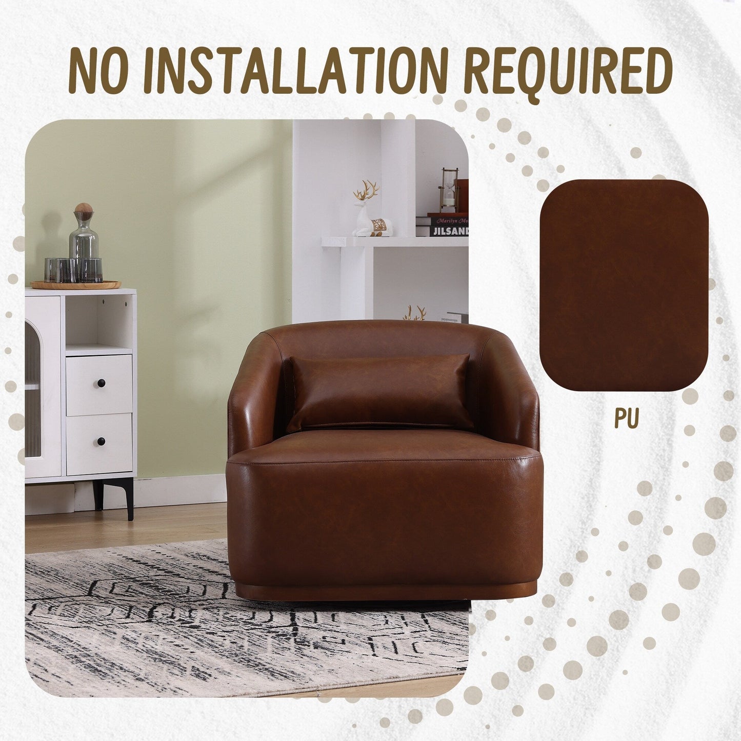 PU Swivel Barrel Chair, 360-Degree Rotating Club Chair for Living Room, or Lounge, Comfortable Accent Chair with Metal Base