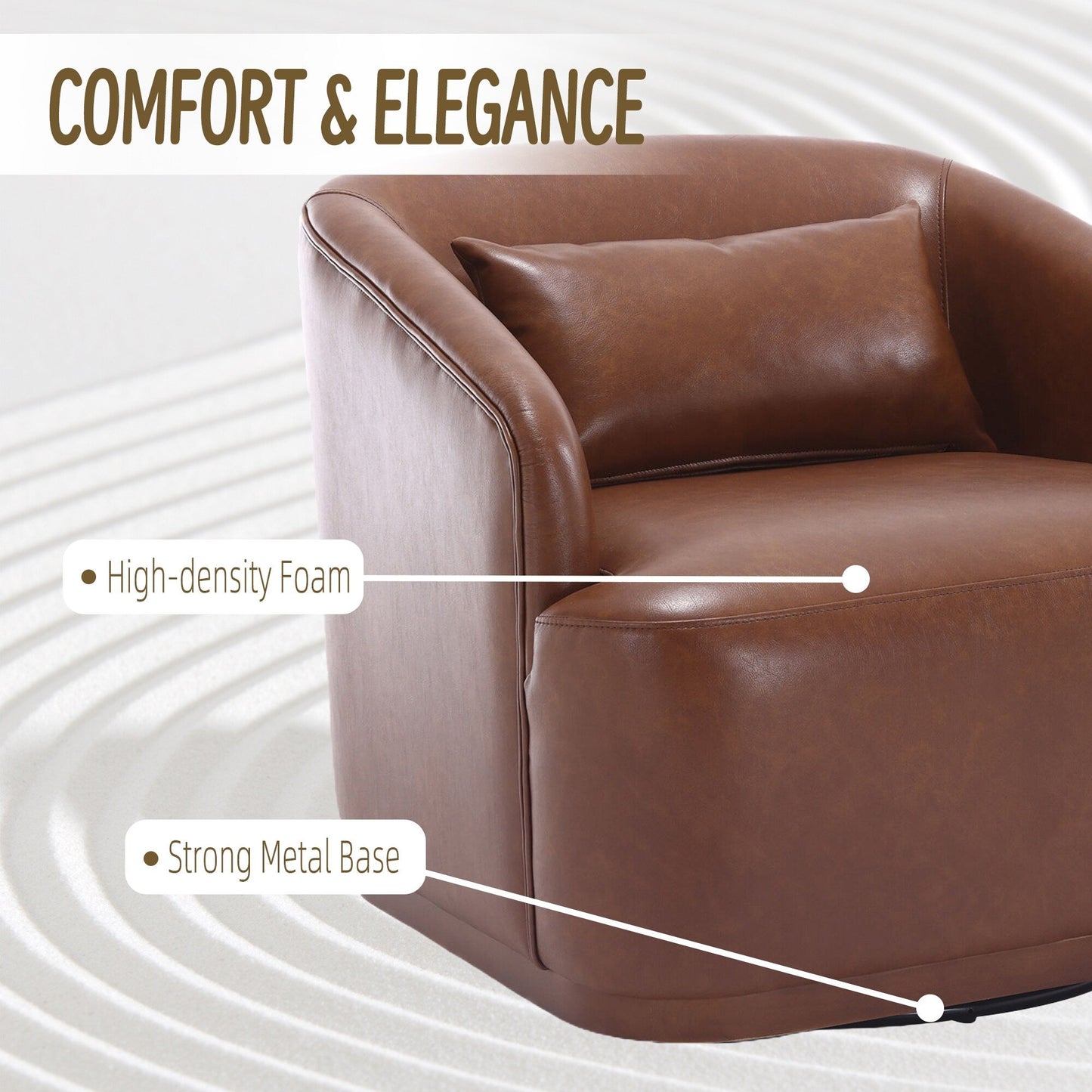 PU Swivel Barrel Chair, 360-Degree Rotating Club Chair for Living Room, or Lounge, Comfortable Accent Chair with Metal Base