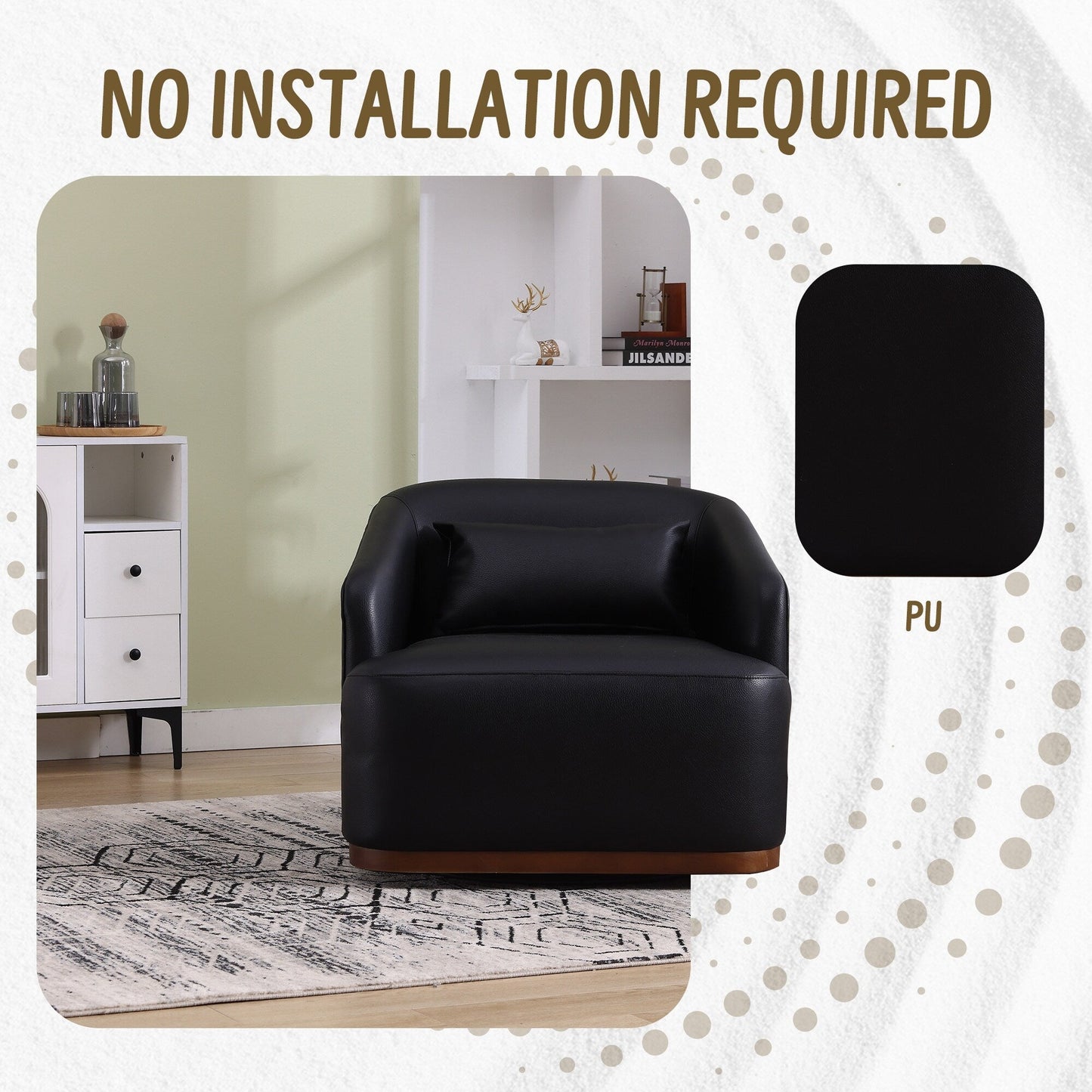 PU Swivel Barrel Chair, 360-Degree Rotating Club Chair for Living Room, or Lounge, Comfortable Accent Chair with Metal Base