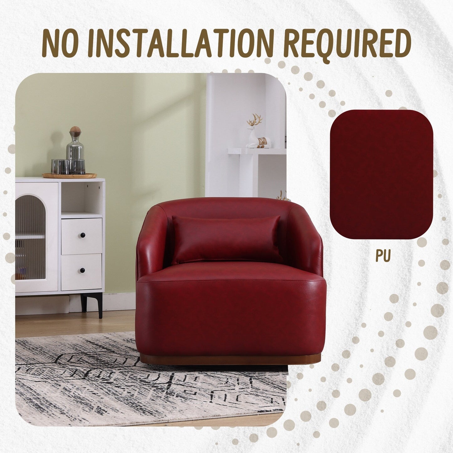 PU Swivel Barrel Chair, 360-Degree Rotating Club Chair for Living Room, or Lounge, Comfortable Accent Chair with Metal Base