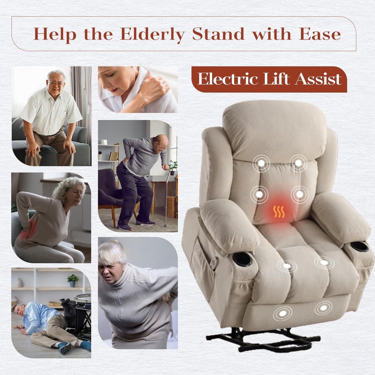 Power Lift Chairs Recliners, Heat Massage, USB Port, Remote Control