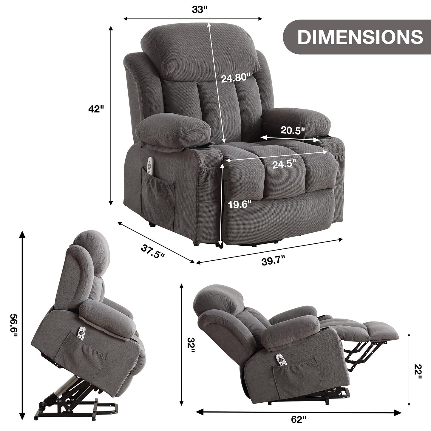 Power Lift Chairs Recliners, Heat Massage, USB Port, Remote Control