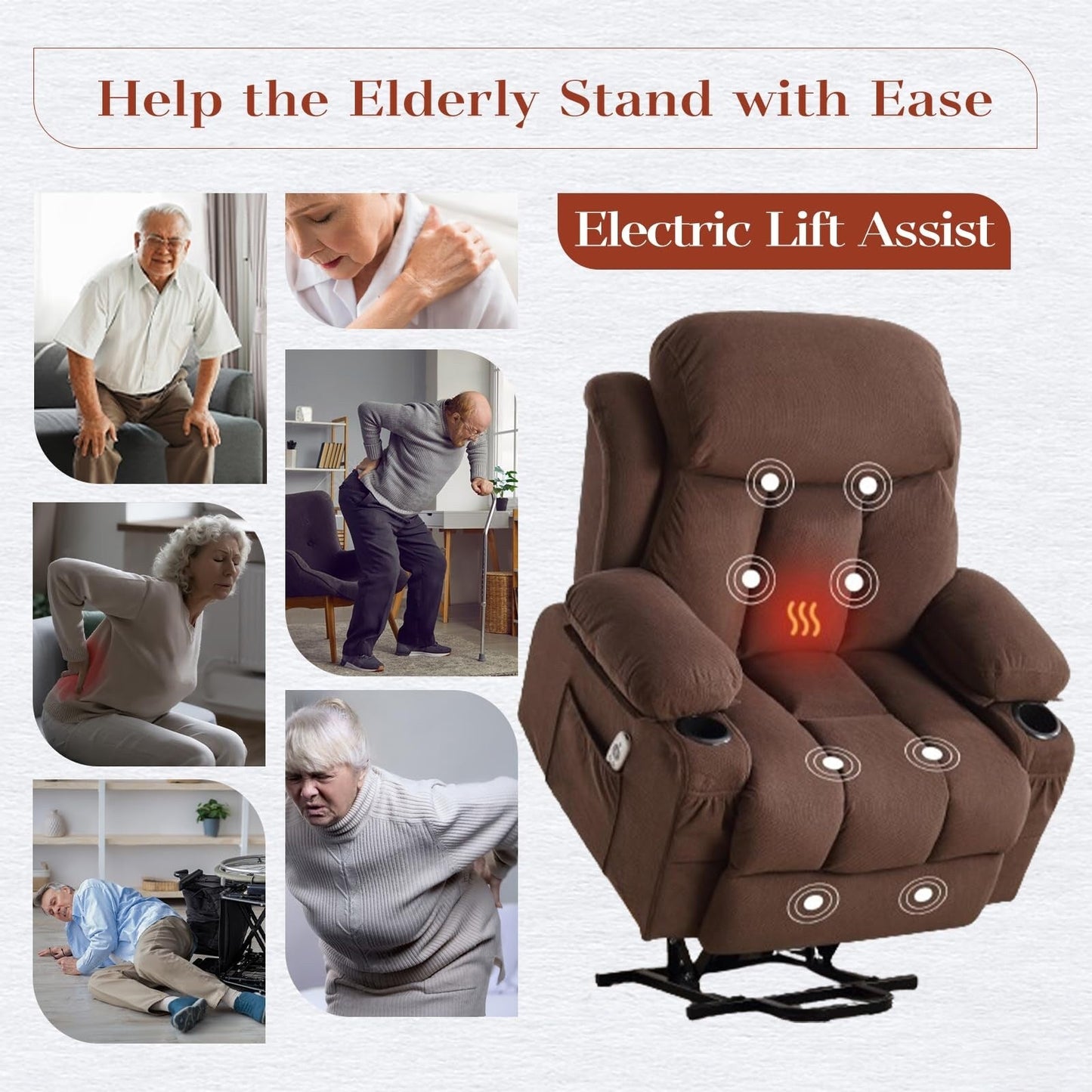 Power Lift Chairs Recliners, Heat Massage, USB Port, Remote Control