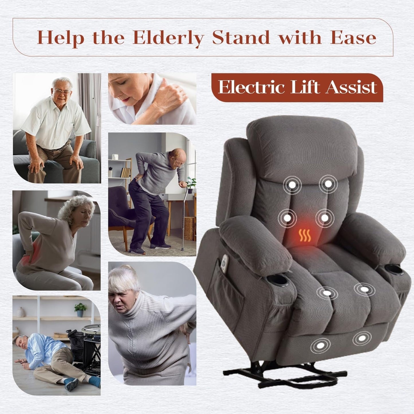 Power Lift Chairs Recliners, Heat Massage, USB Port, Remote Control
