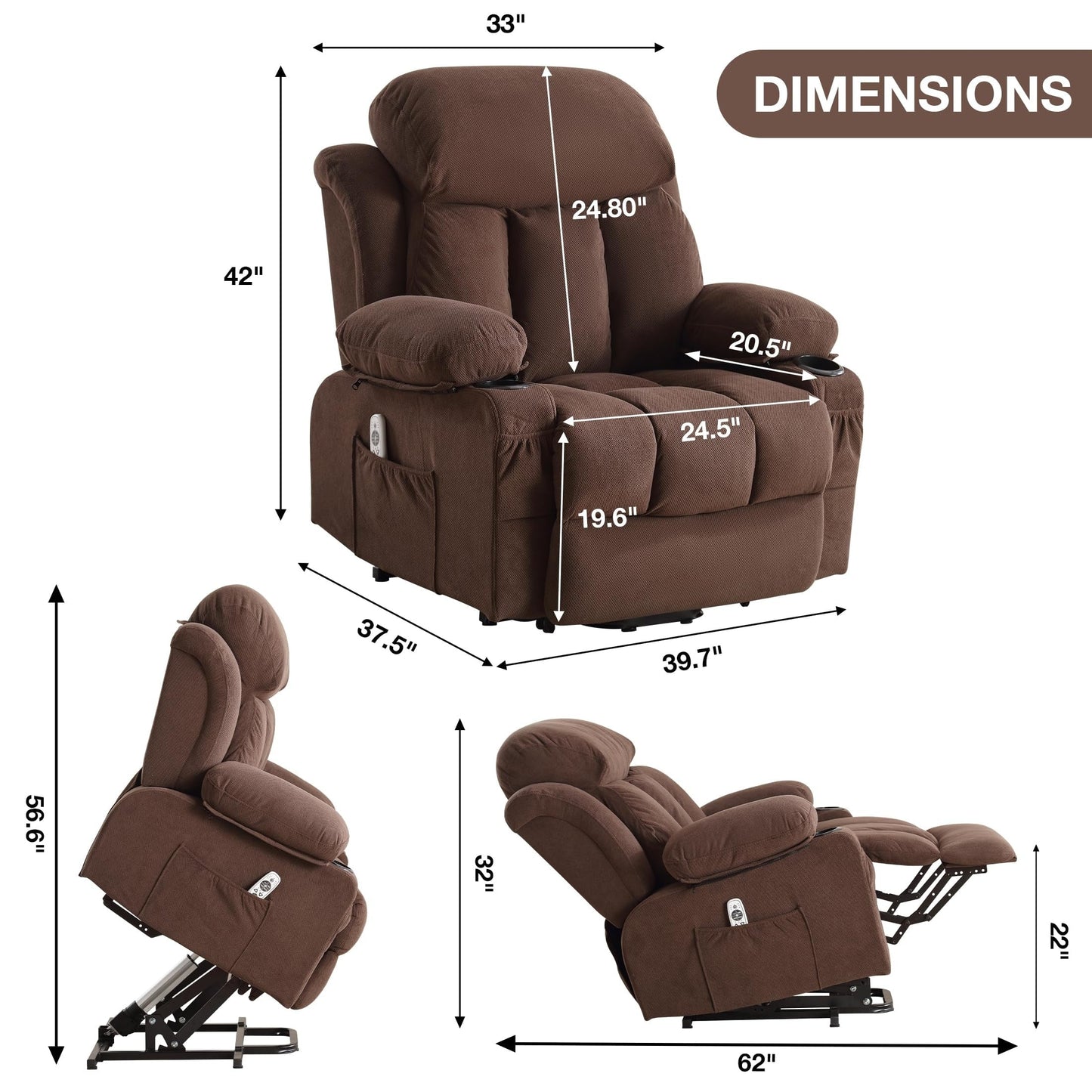 Power Lift Chairs Recliners, Heat Massage, USB Port, Remote Control