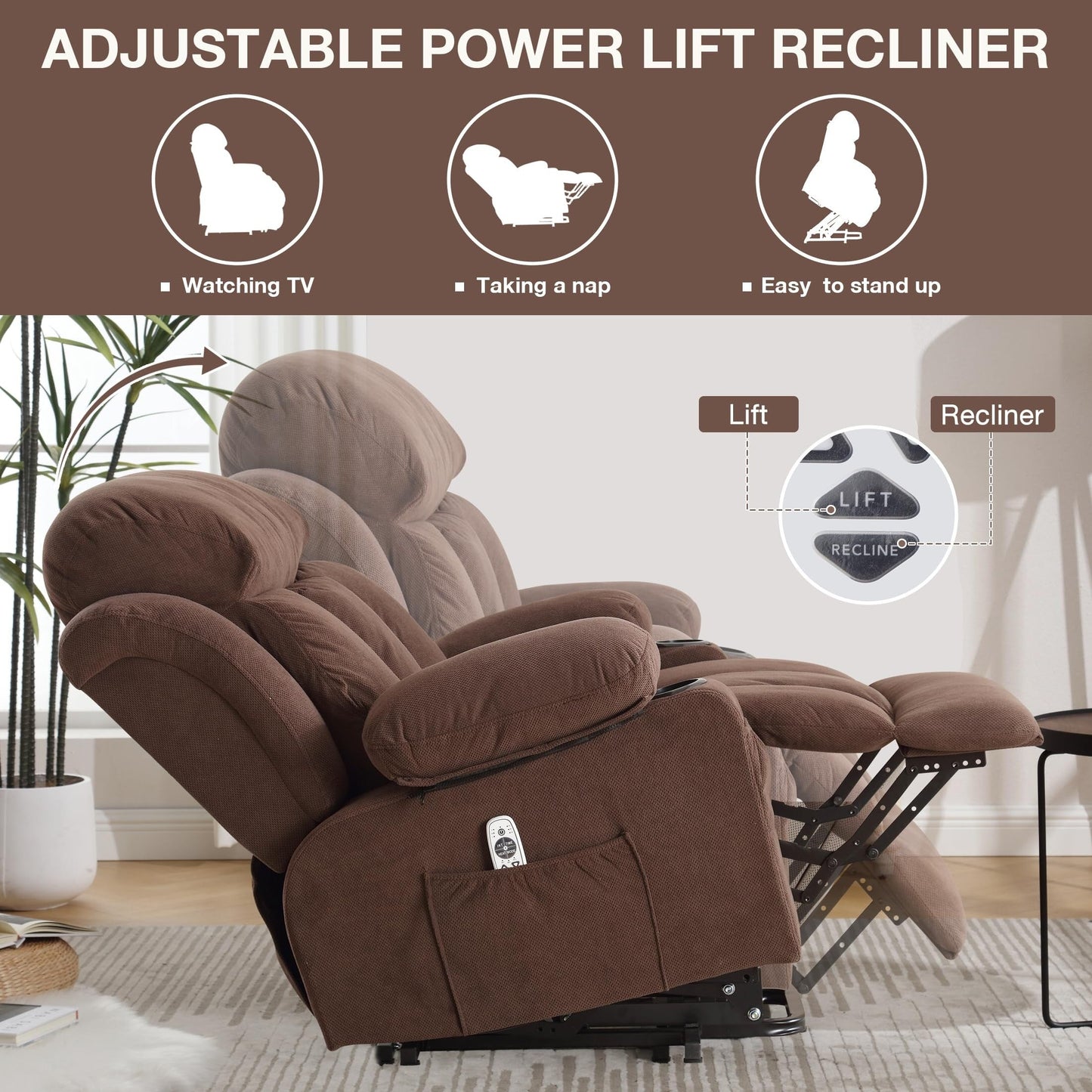 Power Lift Chairs Recliners, Heat Massage, USB Port, Remote Control