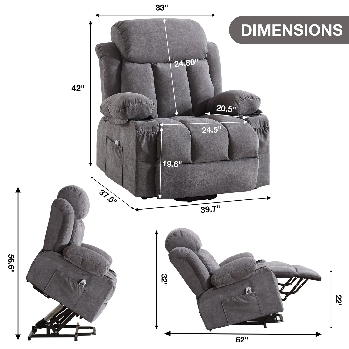 Power Lift Chairs Recliners, Heat Massage, USB Port, Remote Control