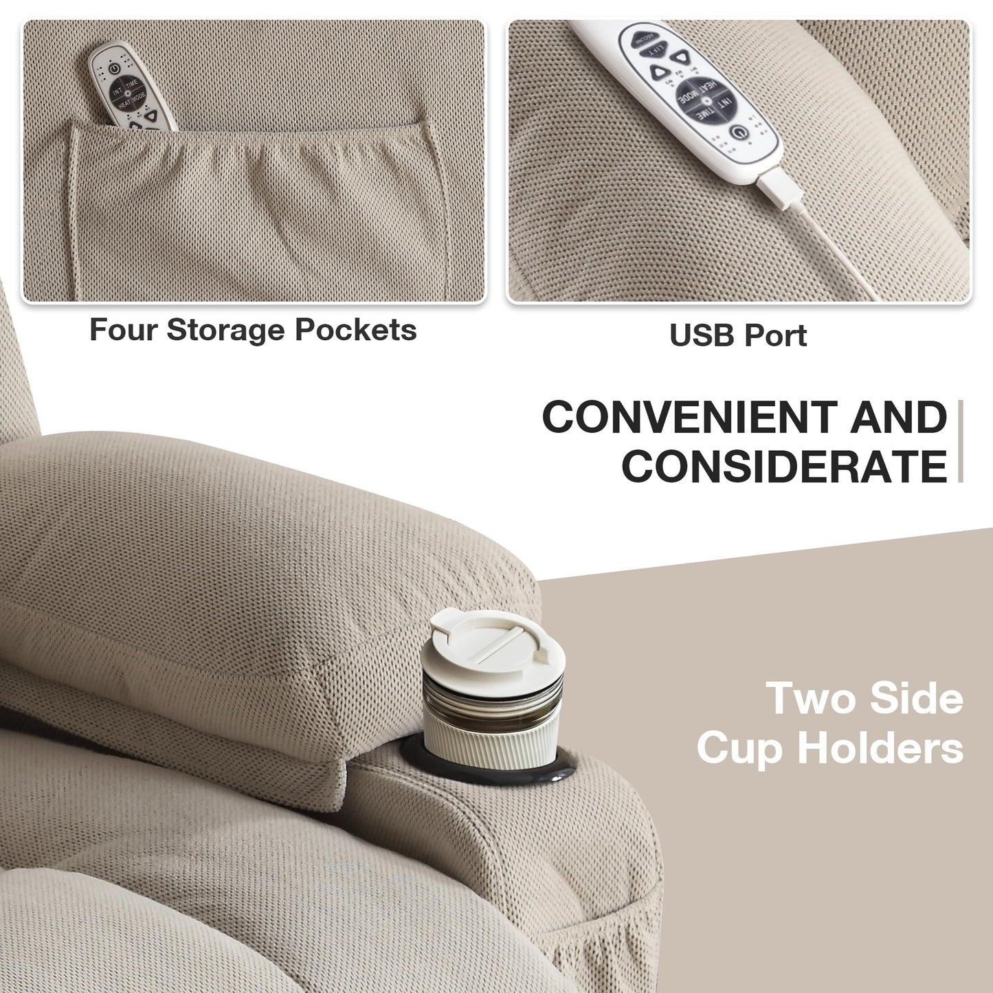 Power Lift Chairs Recliners, Heat Massage, USB Port, Remote Control