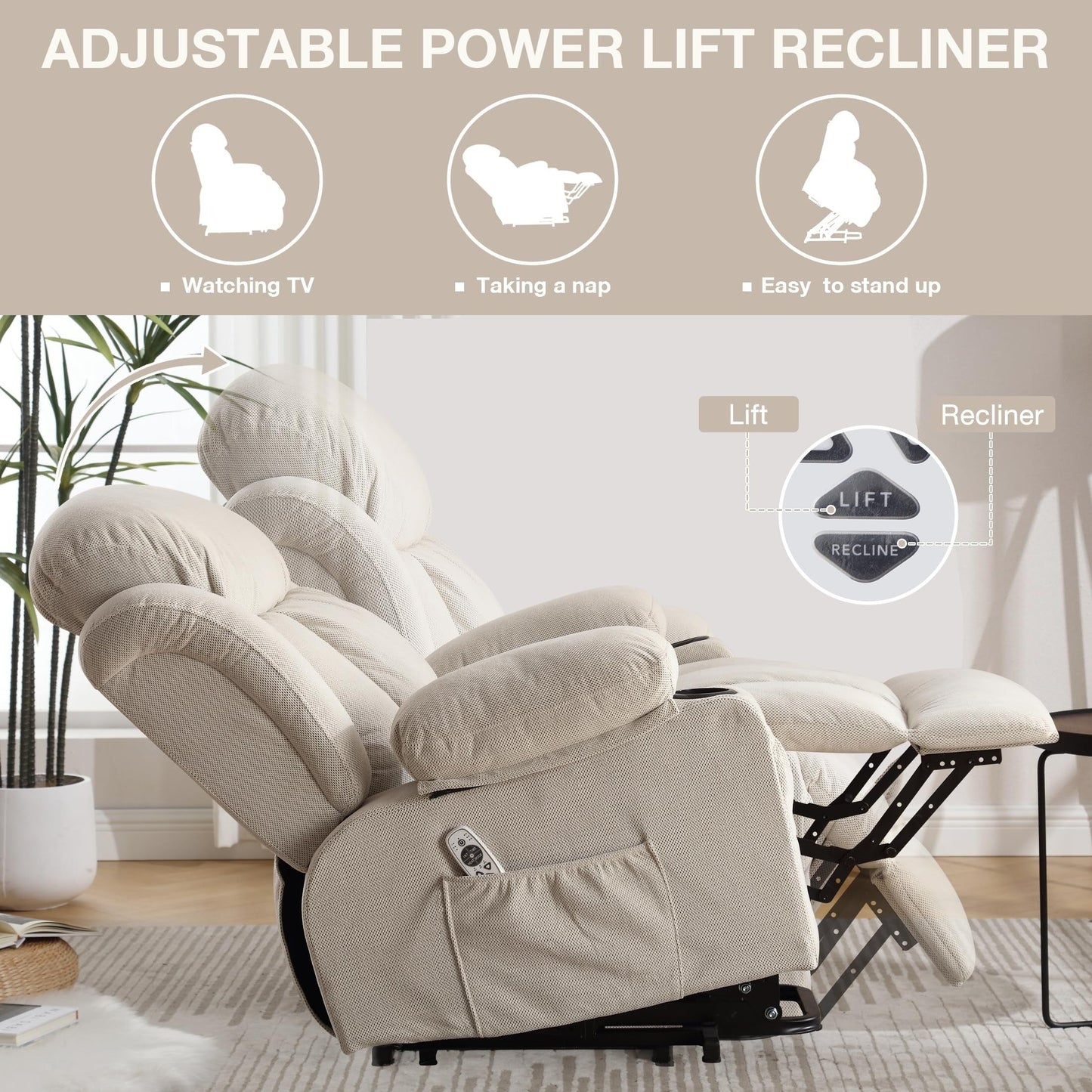 Power Lift Chairs Recliners, Heat Massage, USB Port, Remote Control