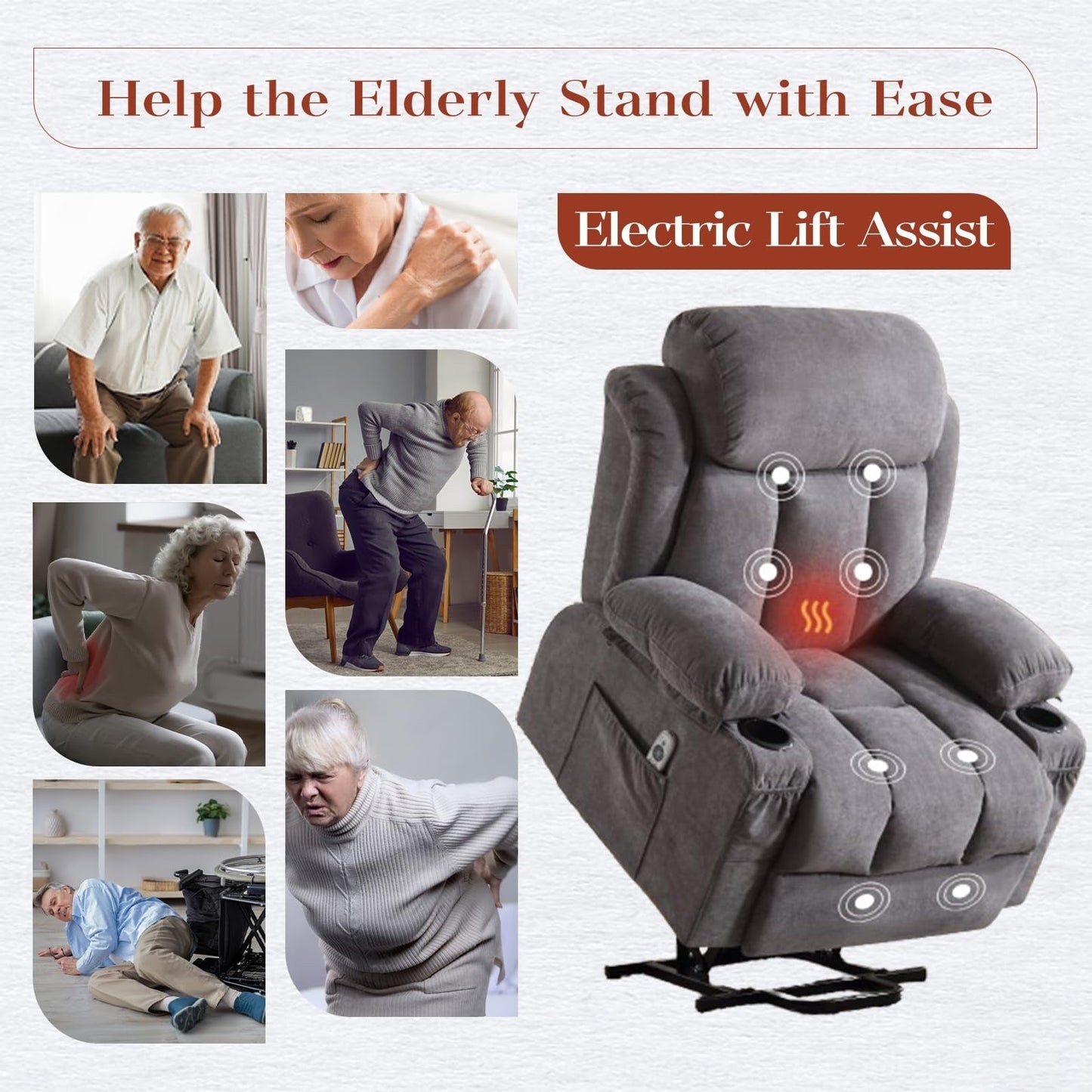 Power Lift Chairs Recliners, Heat Massage, USB Port, Remote Control