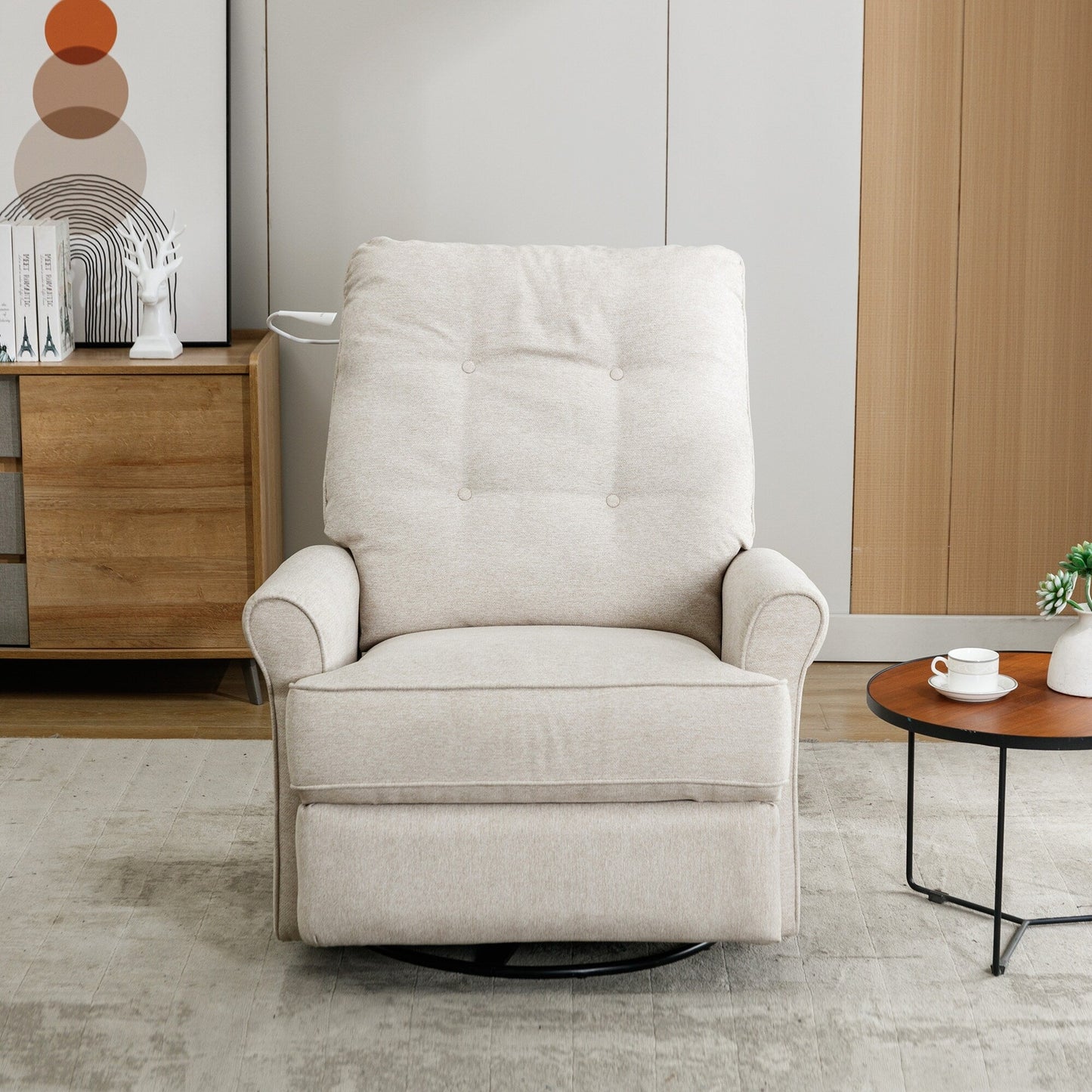 Roomfitters 270° Swivel Recliner Chair with USB Charging Port, Side Storage Pocket, and Touch-Activated Lamp, Cream