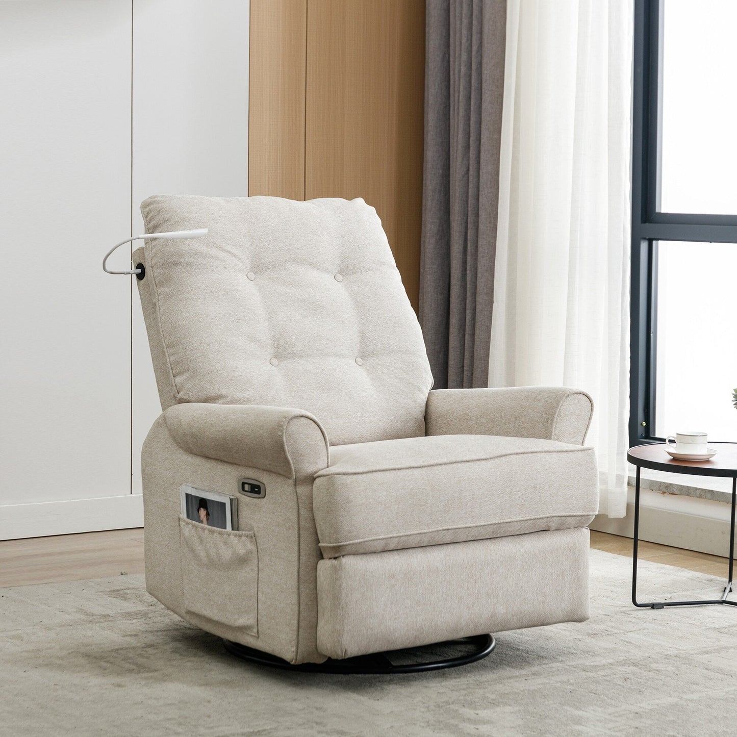 Roomfitters 270° Swivel Recliner Chair with USB Charging Port, Side Storage Pocket, and Touch-Activated Lamp, Cream