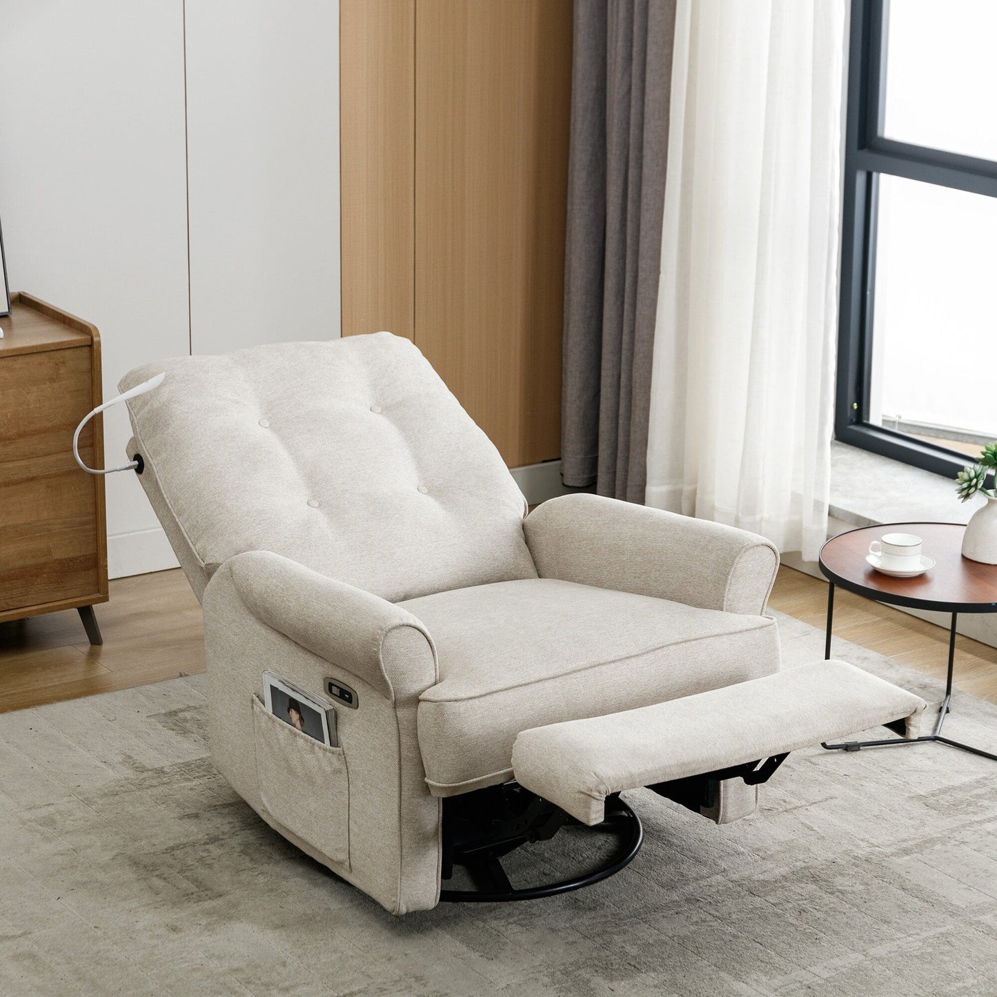 Roomfitters 270° Swivel Recliner Chair with USB Charging Port, Side Storage Pocket, and Touch-Activated Lamp, Cream