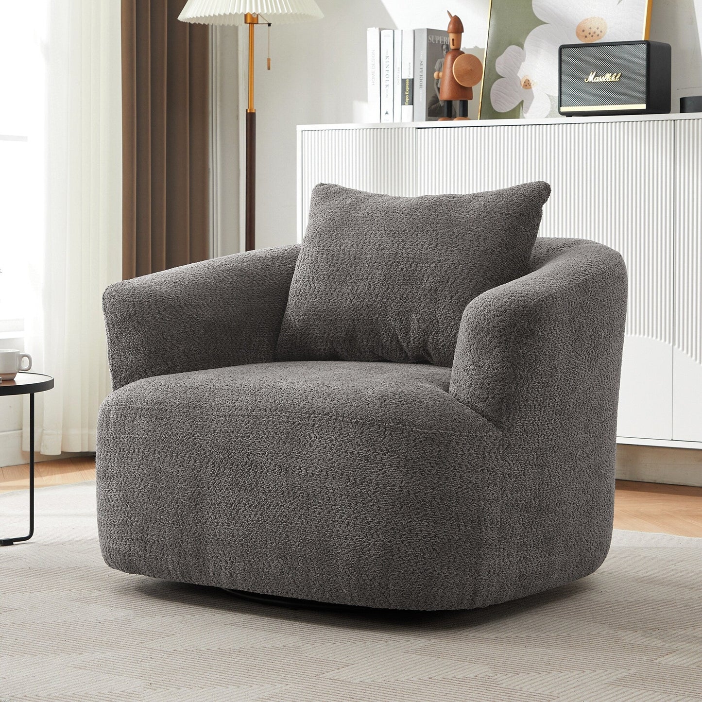 Roomfitters 360° Chenille Upholstered Swivel Barrel Chair Accent Sofa with Throw Pillow for Living Room Bedroom Office Hotel