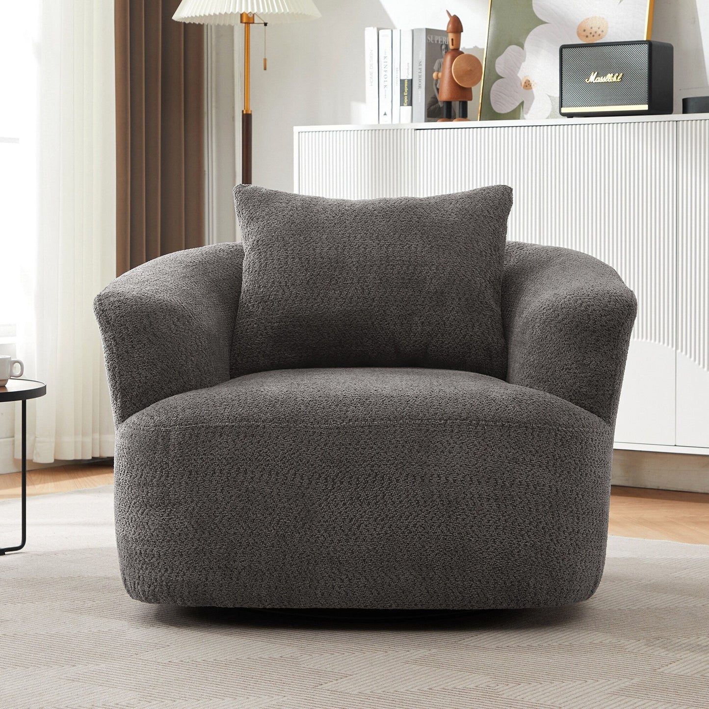 Roomfitters 360° Chenille Upholstered Swivel Barrel Chair Accent Sofa with Throw Pillow for Living Room Bedroom Office Hotel