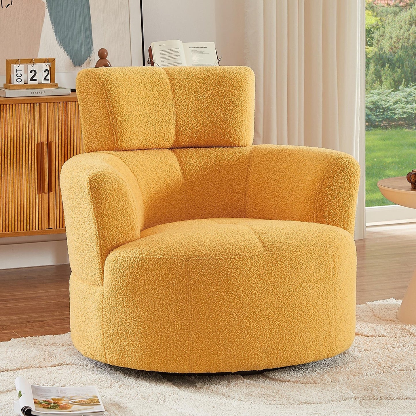 Roomfitters 360° Upholstered Swivel Barrel Accent Chair with Adjustable Headrest for Living Room