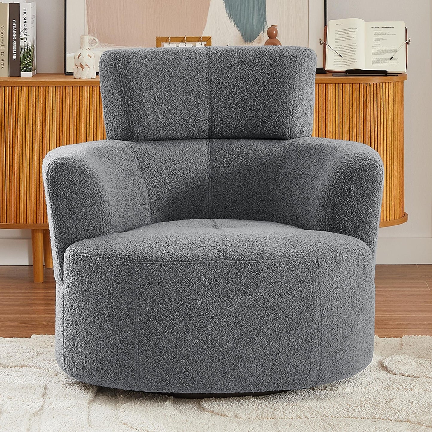 Roomfitters 360° Upholstered Swivel Barrel Accent Chair with Adjustable Headrest for Living Room