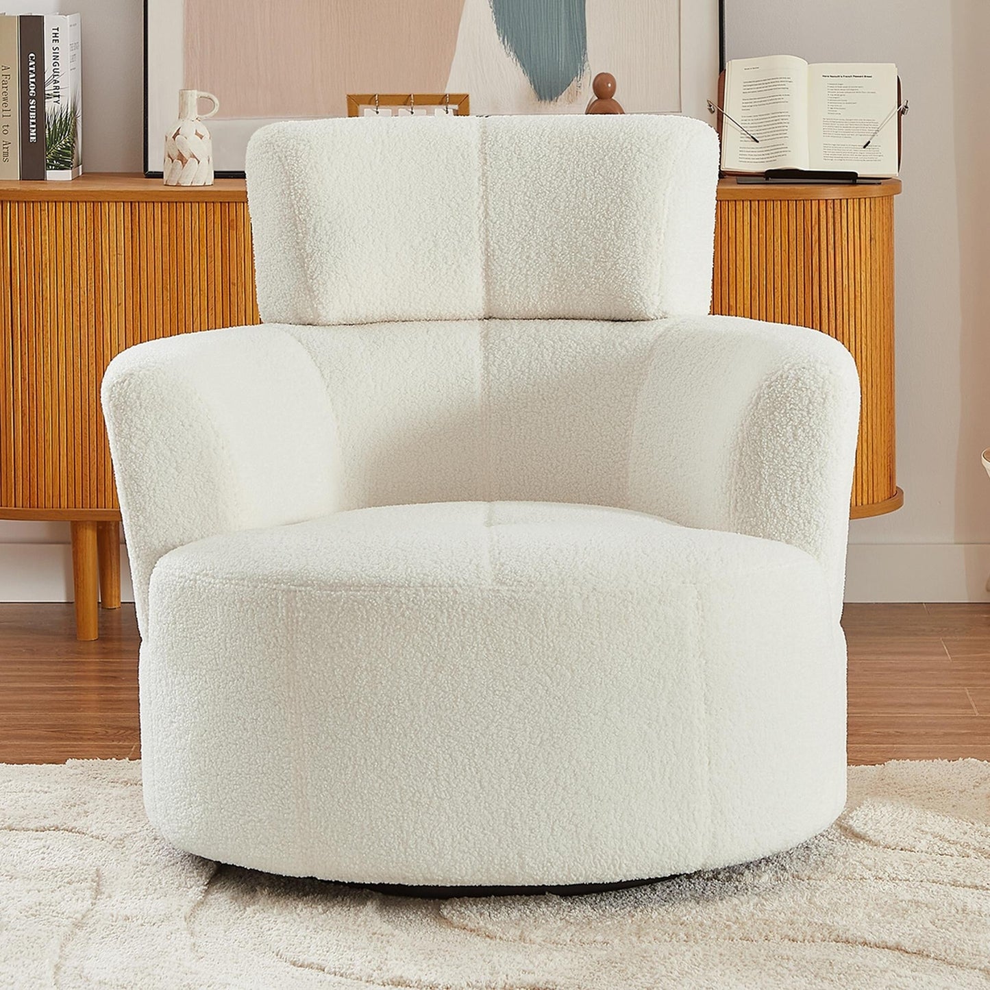 Roomfitters 360° Upholstered Swivel Barrel Accent Chair with Adjustable Headrest for Living Room