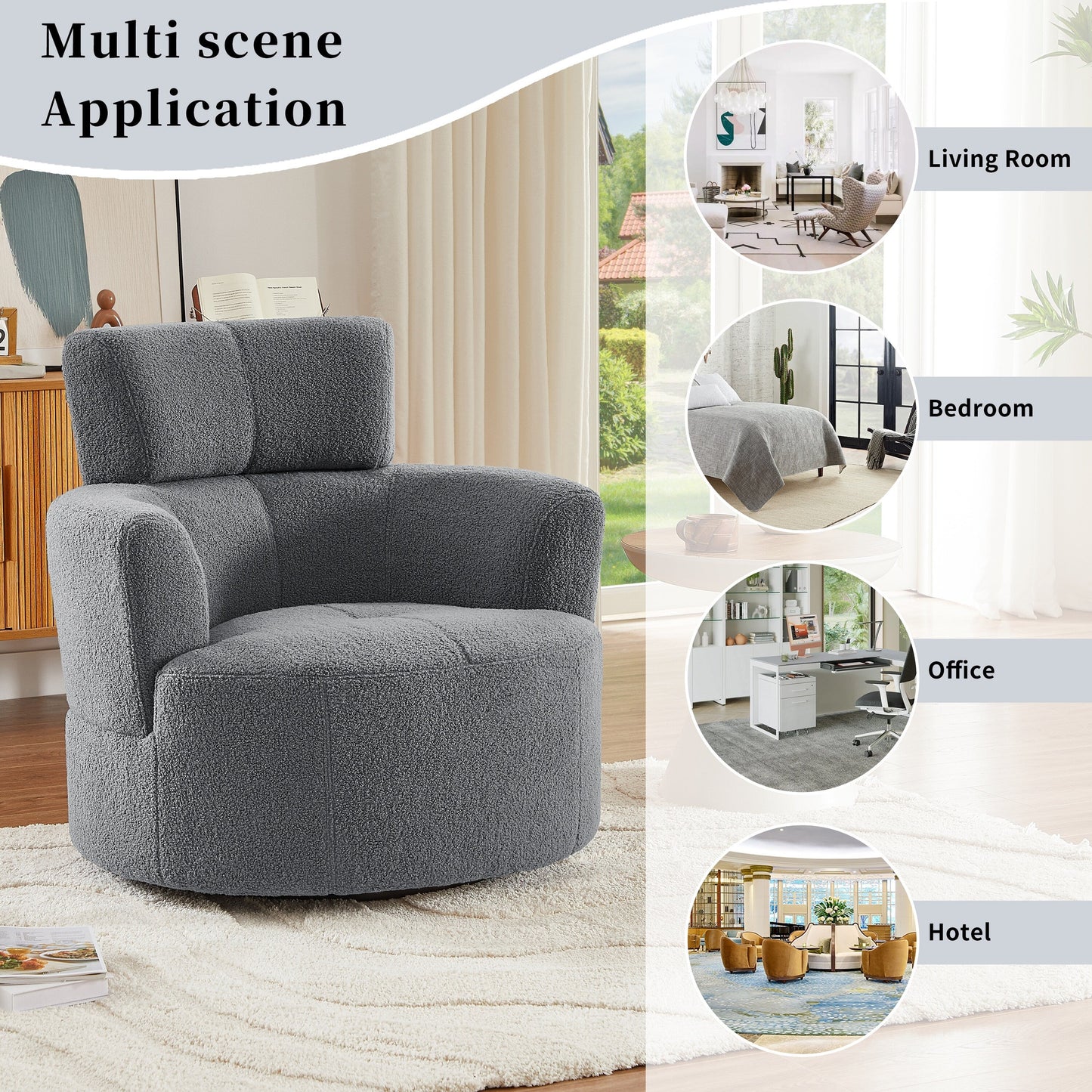 Roomfitters 360° Upholstered Swivel Barrel Accent Chair with Adjustable Headrest for Living Room