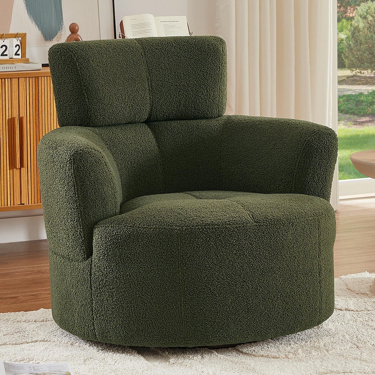 Roomfitters 360° Upholstered Swivel Barrel Accent Chair with Adjustable Headrest for Living Room