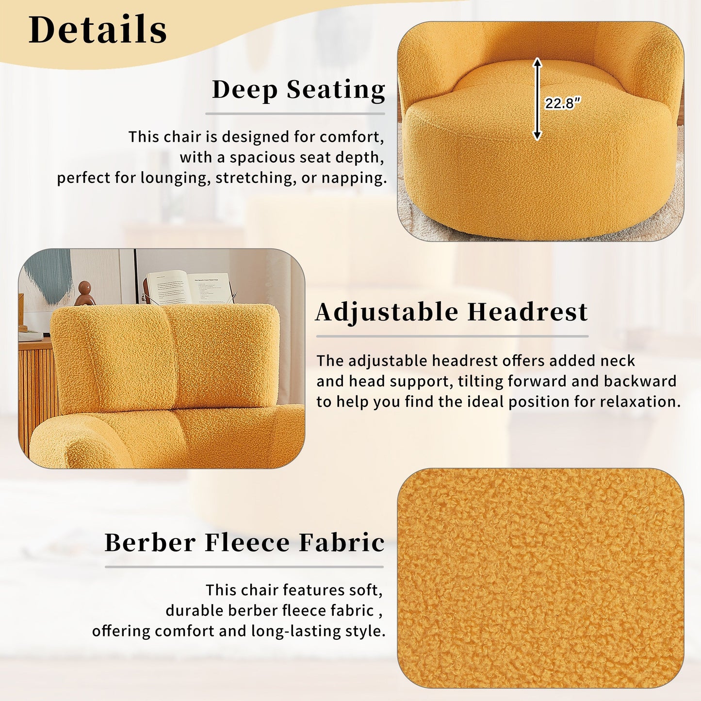 Roomfitters 360° Upholstered Swivel Barrel Accent Chair with Adjustable Headrest for Living Room