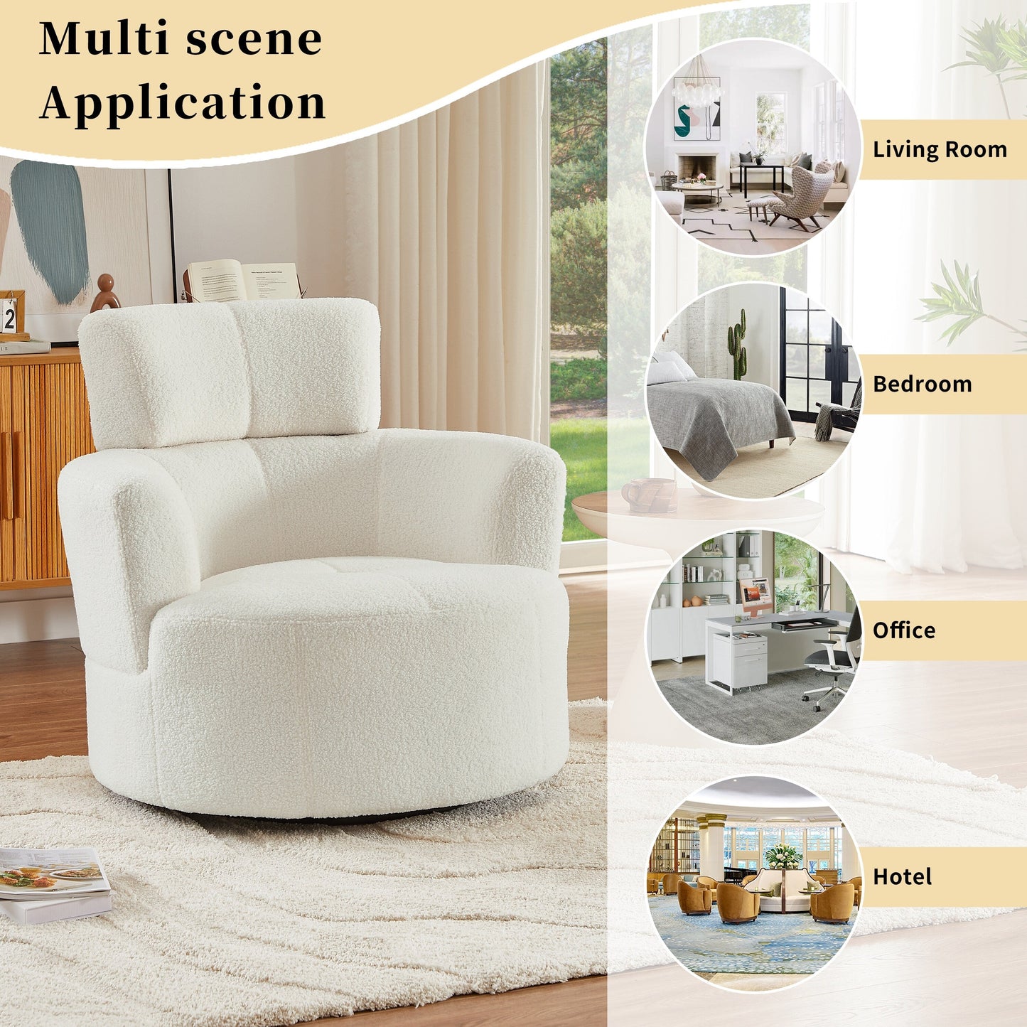 Roomfitters 360° Upholstered Swivel Barrel Accent Chair with Adjustable Headrest for Living Room