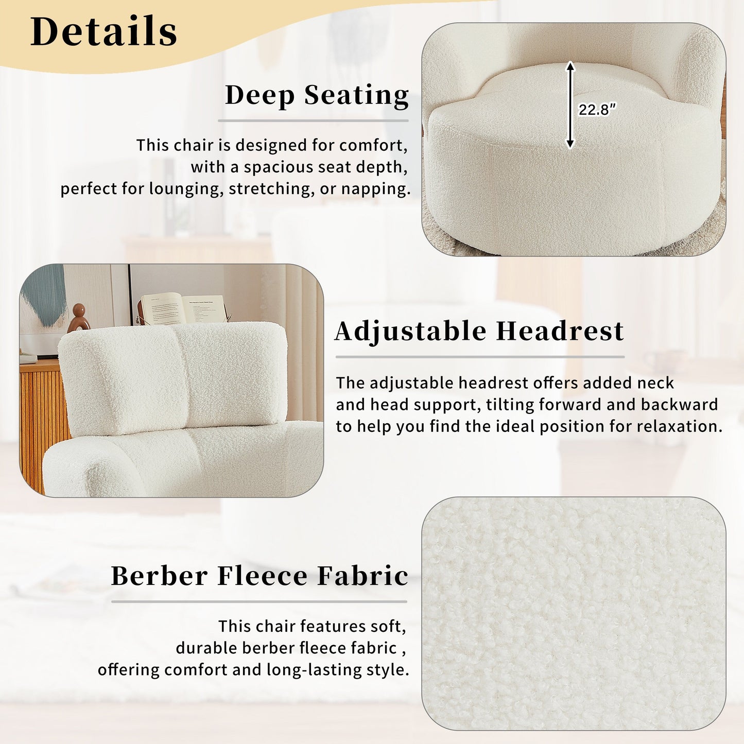Roomfitters 360° Upholstered Swivel Barrel Accent Chair with Adjustable Headrest for Living Room