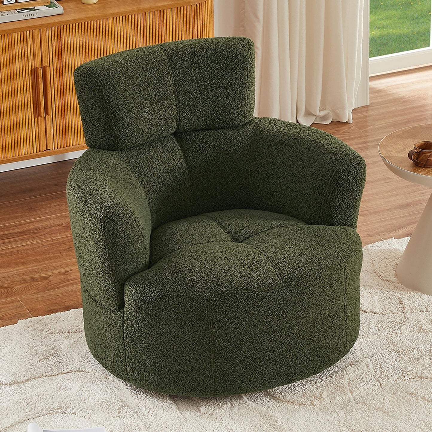 Roomfitters 360° Upholstered Swivel Barrel Accent Chair with Adjustable Headrest for Living Room