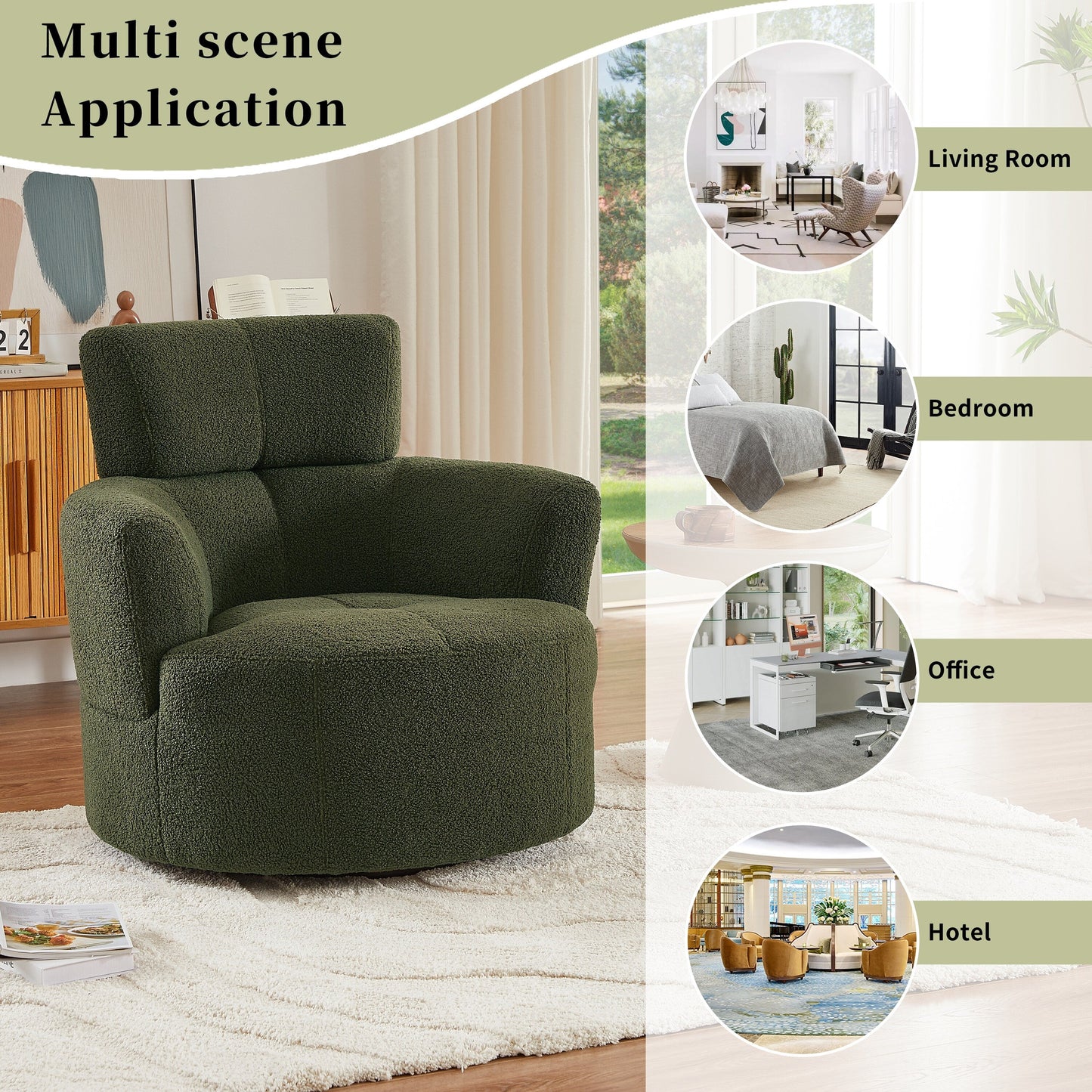 Roomfitters 360° Upholstered Swivel Barrel Accent Chair with Adjustable Headrest for Living Room