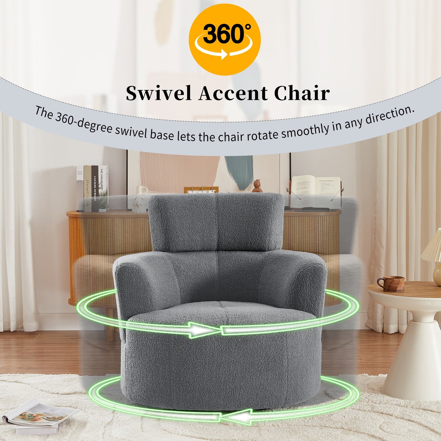Roomfitters 360° Upholstered Swivel Barrel Accent Chair with Adjustable Headrest for Living Room