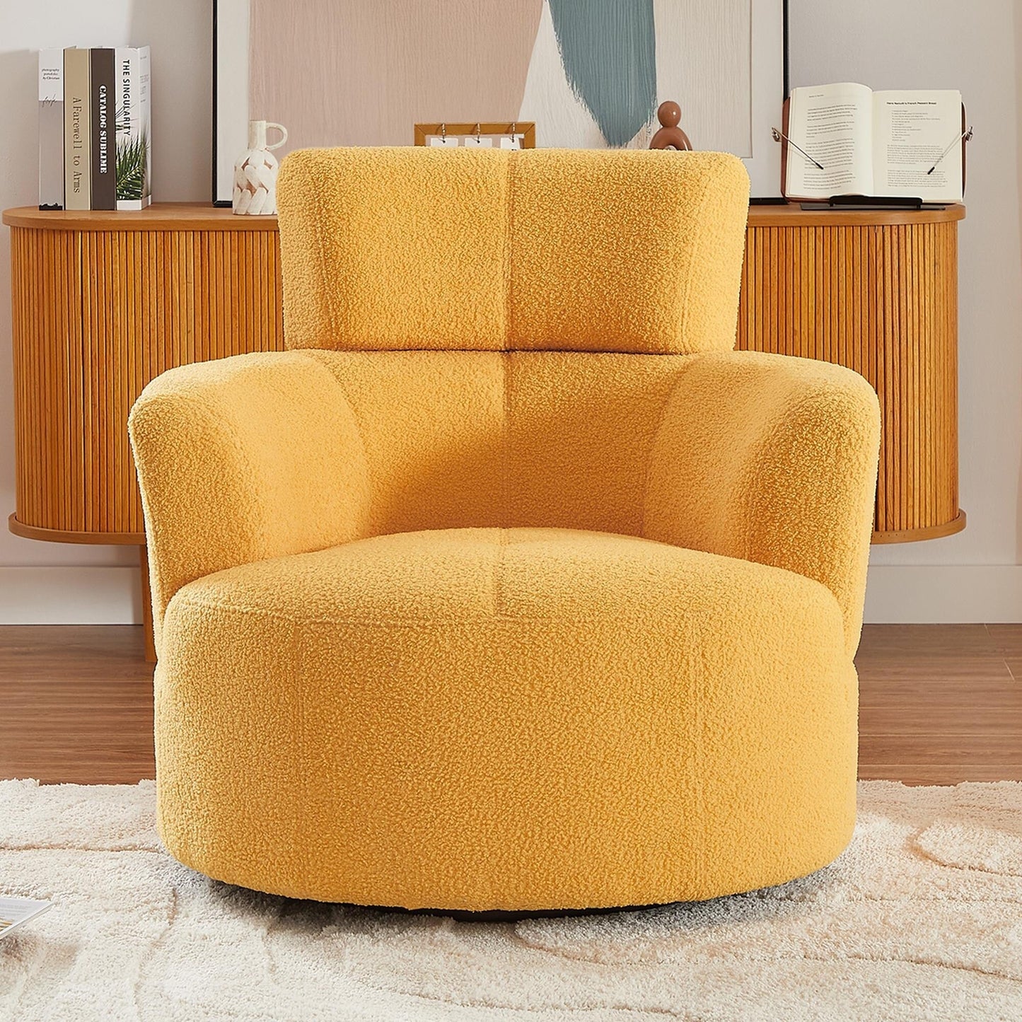 Roomfitters 360° Upholstered Swivel Barrel Accent Chair with Adjustable Headrest for Living Room