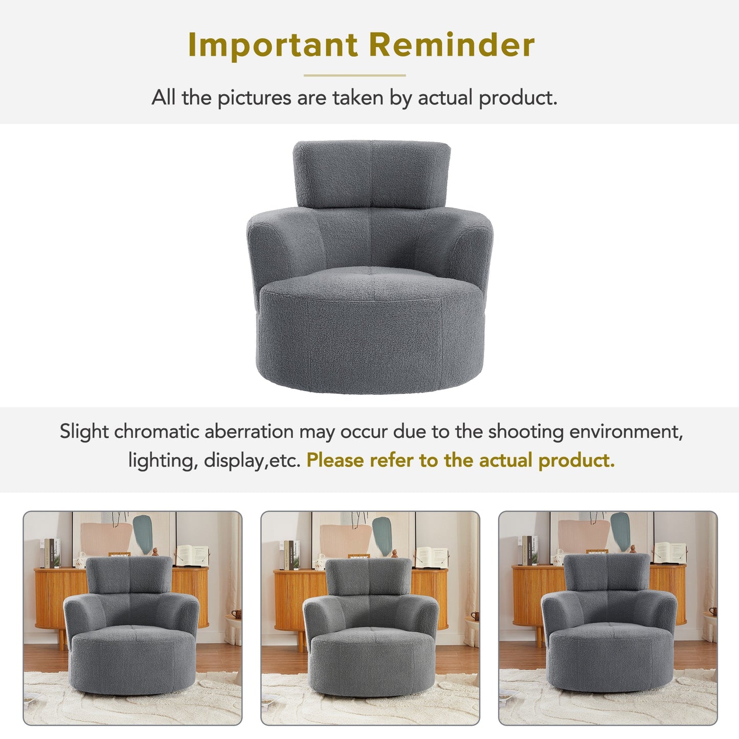 Roomfitters 360° Upholstered Swivel Barrel Accent Chair with Adjustable Headrest for Living Room