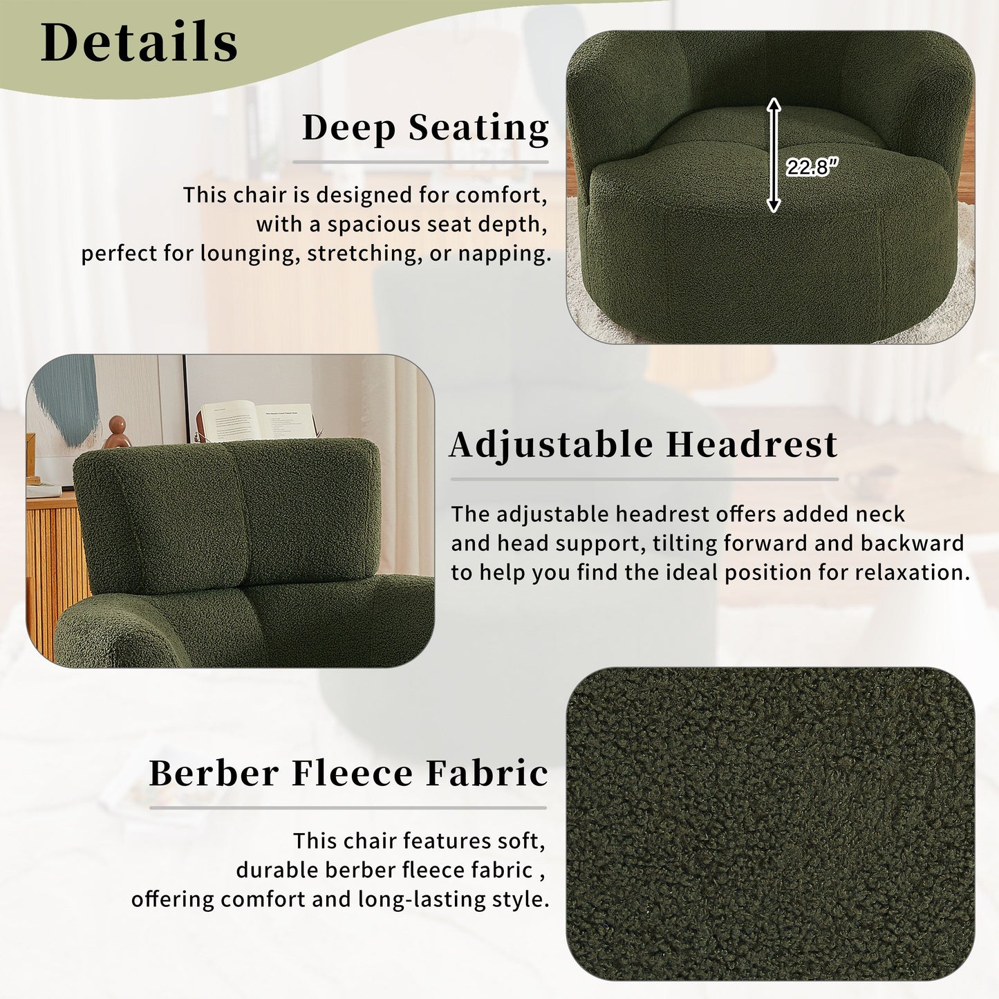Roomfitters 360° Upholstered Swivel Barrel Accent Chair with Adjustable Headrest for Living Room