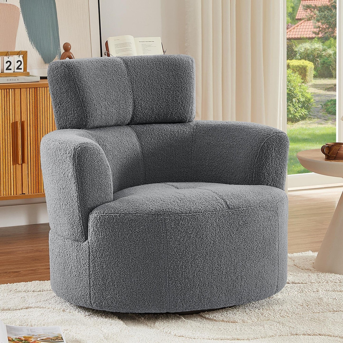 Roomfitters 360° Upholstered Swivel Barrel Accent Chair with Adjustable Headrest for Living Room
