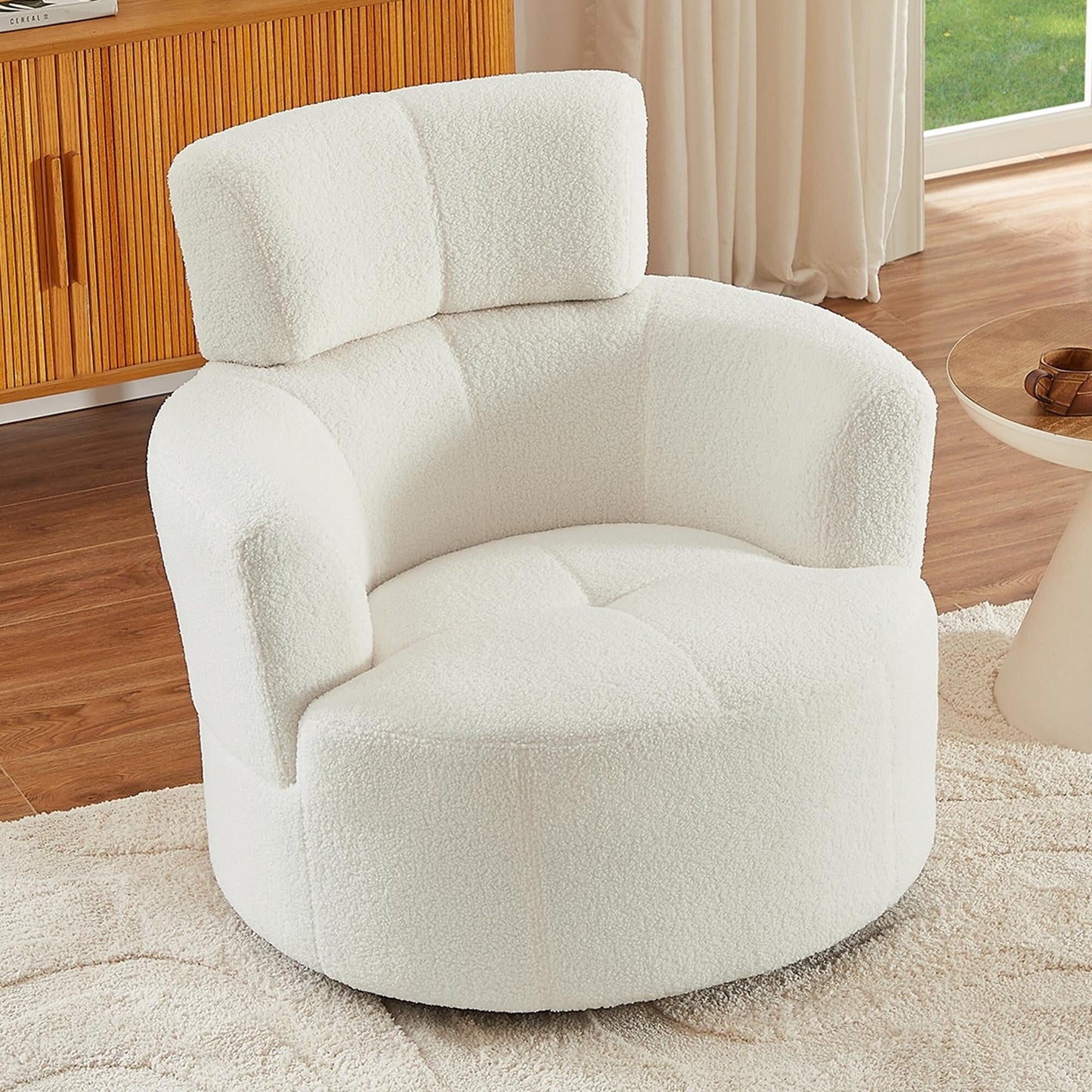 Roomfitters 360° Upholstered Swivel Barrel Accent Chair with Adjustable Headrest for Living Room