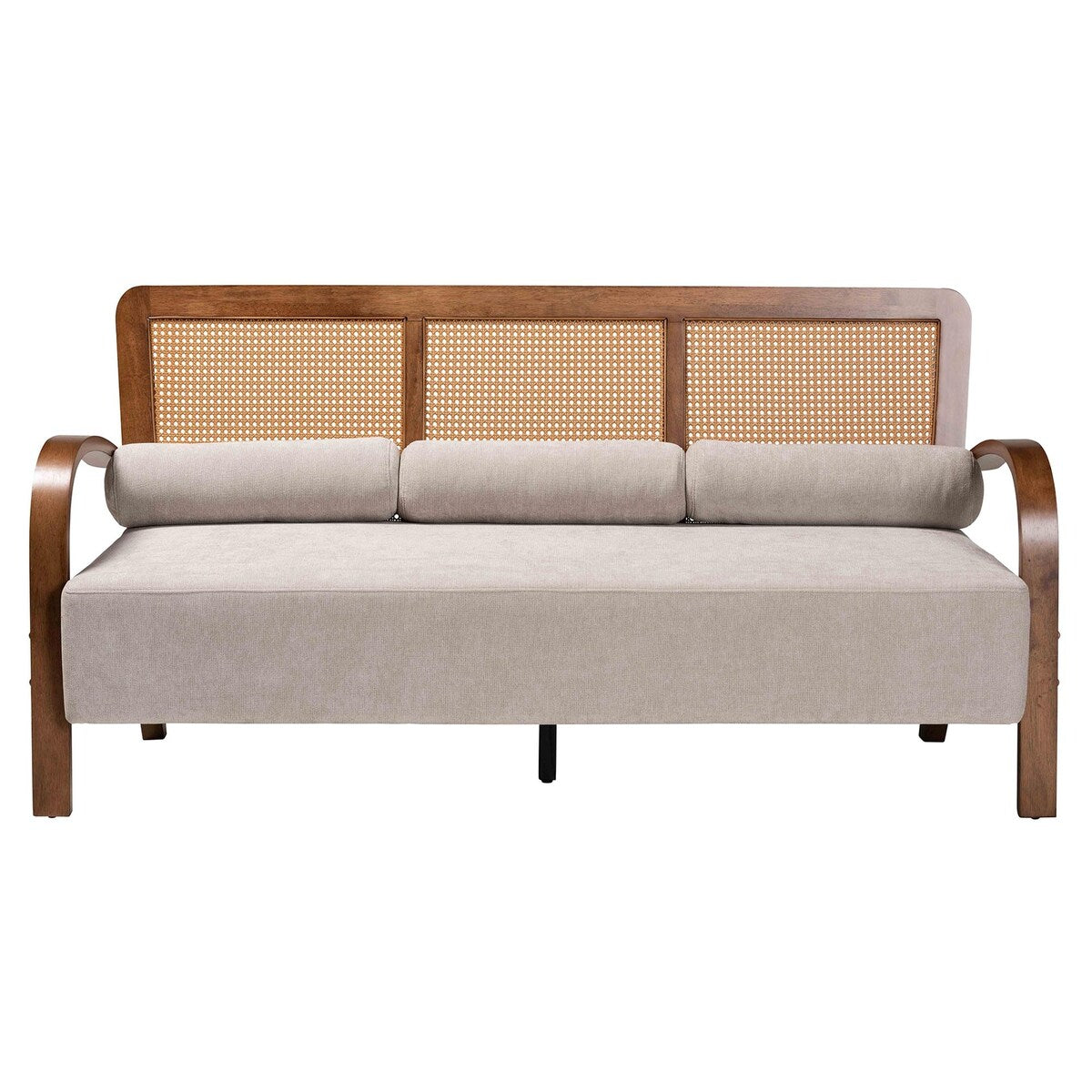 Sage Modern Japandi Light Grey Fabric and Walnut Brown Finished Wood Sofa with Woven Rattan