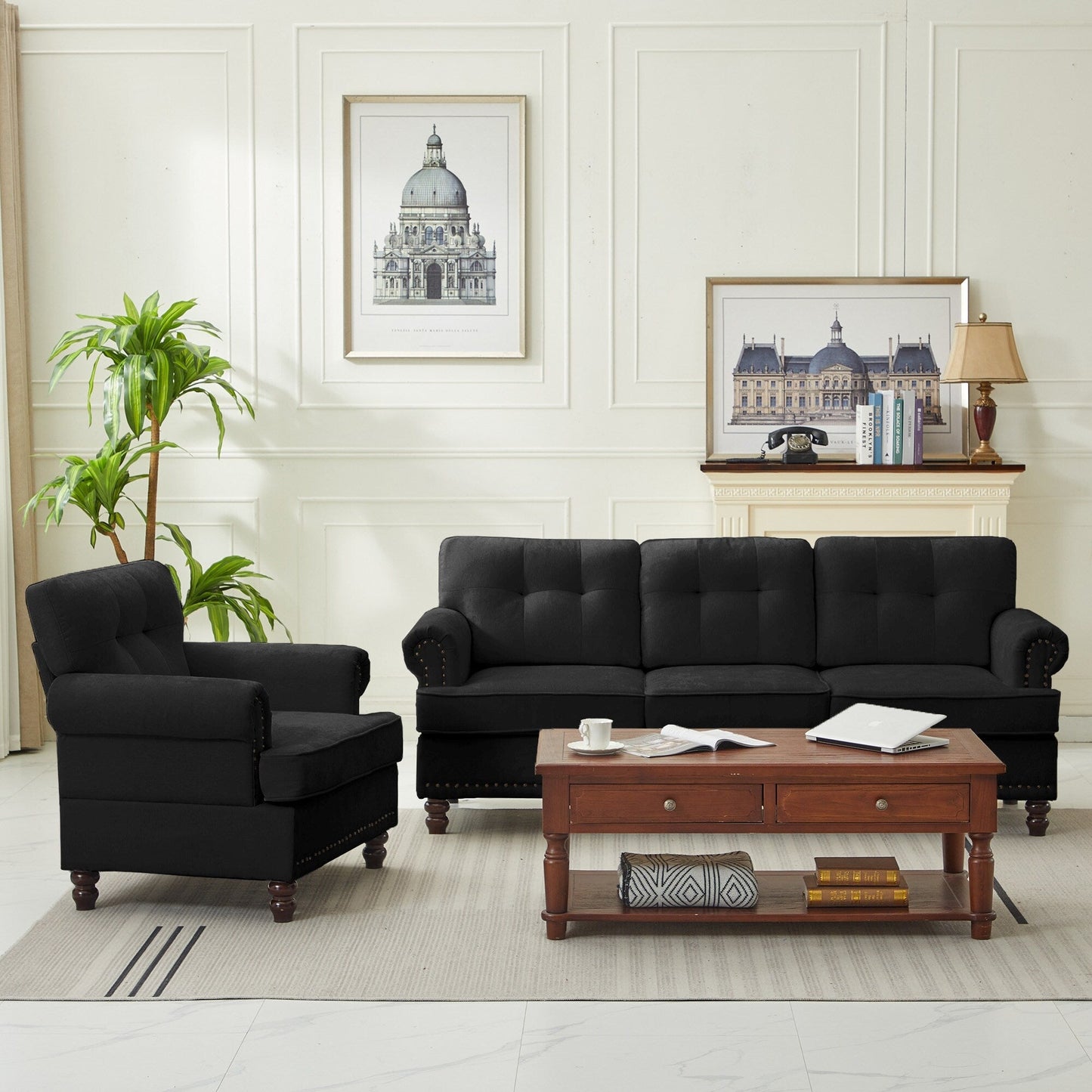 Set of 3 Chenille Sofa Set for Living Room, Button-Tufted & Nailhead Upholstery, Solid Rubberwood Legs