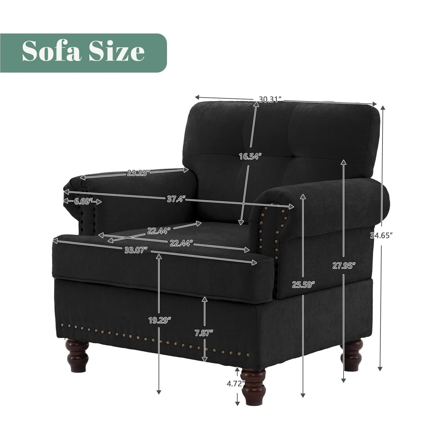 Set of 3 Chenille Sofa Set for Living Room, Button-Tufted & Nailhead Upholstery, Solid Rubberwood Legs