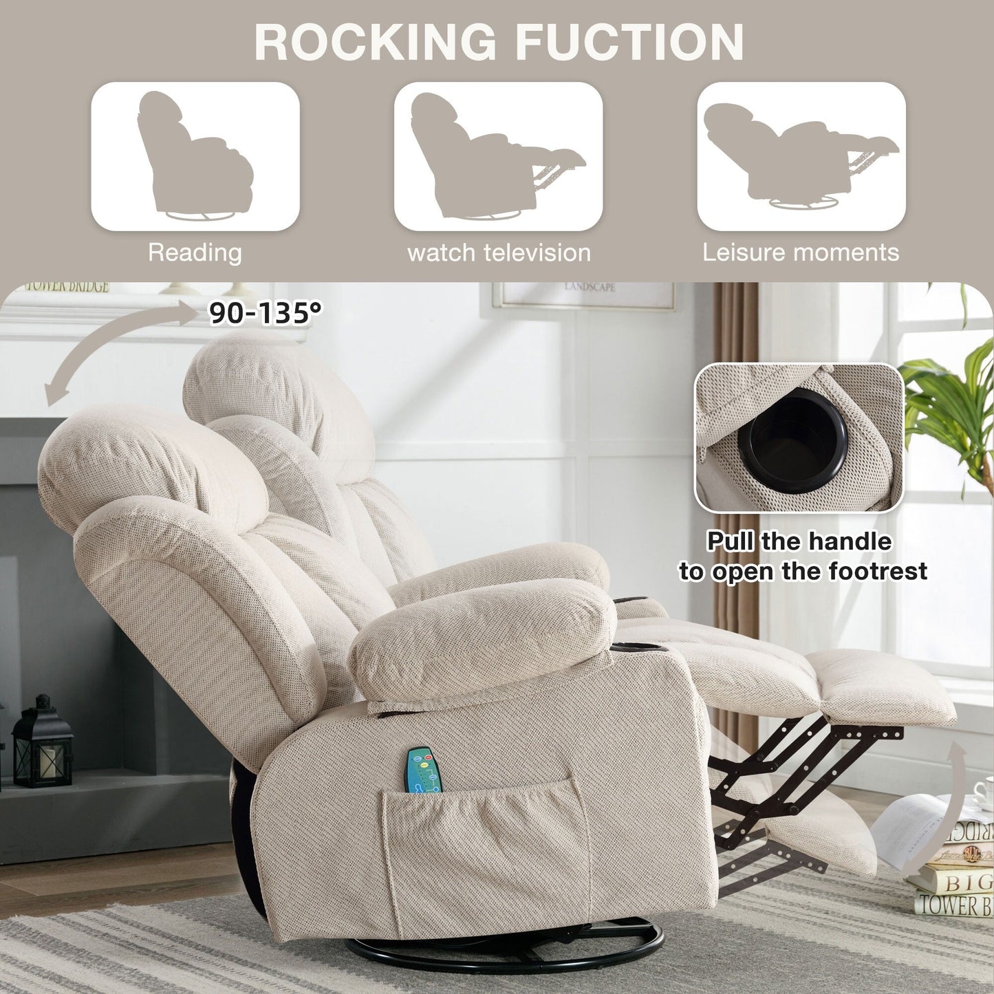 Swinging Lounge Chair Massage Heated Sofa, with USB and 2 Cup Holders in Side Pockets, Plastic Material Armrest