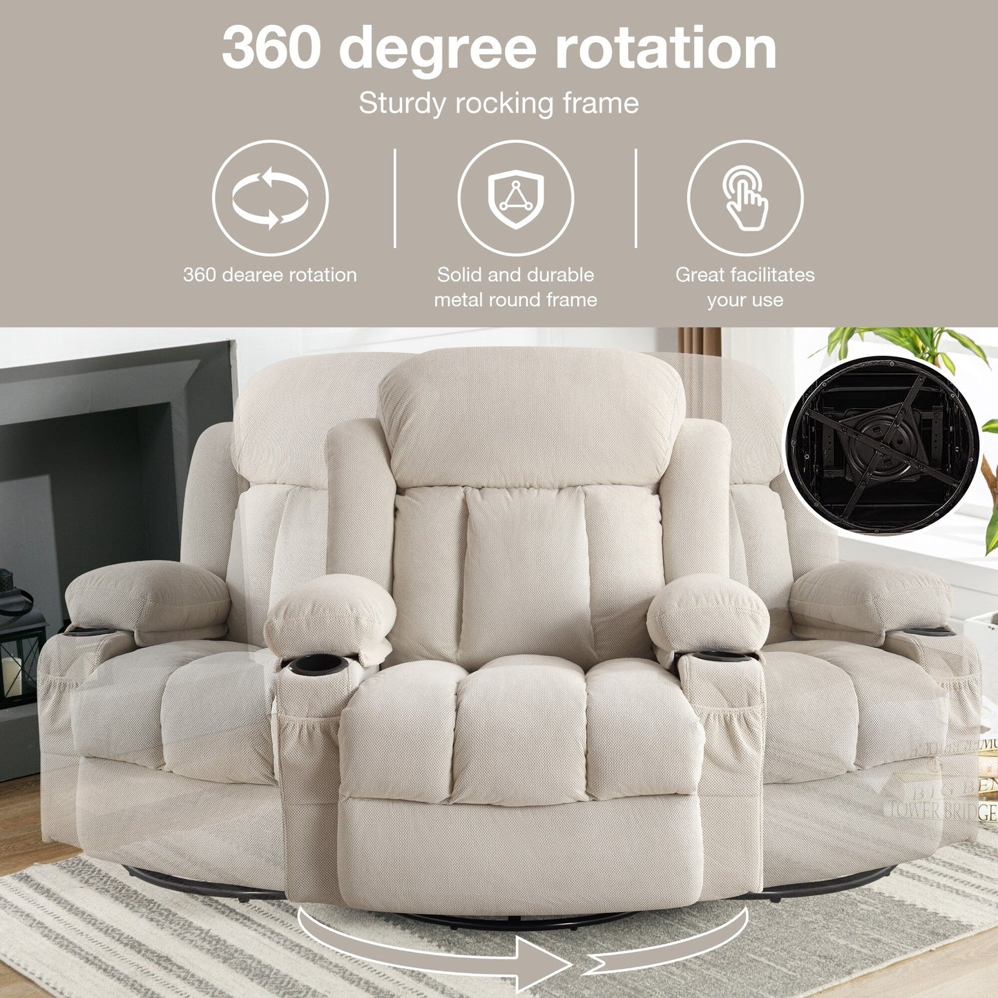 Swinging Lounge Chair Massage Heated Sofa, with USB and 2 Cup Holders in Side Pockets, Plastic Material Armrest
