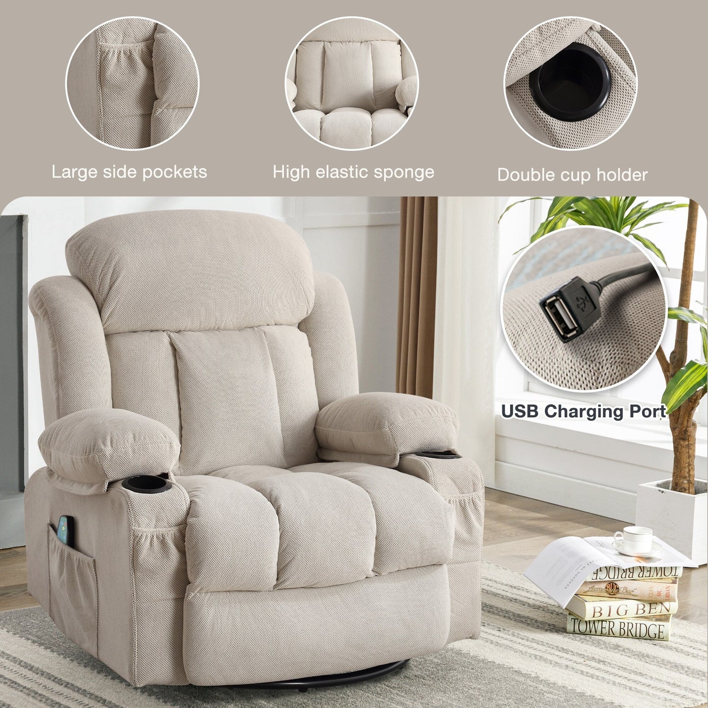 Swinging Lounge Chair Massage Heated Sofa, with USB and 2 Cup Holders in Side Pockets, Plastic Material Armrest