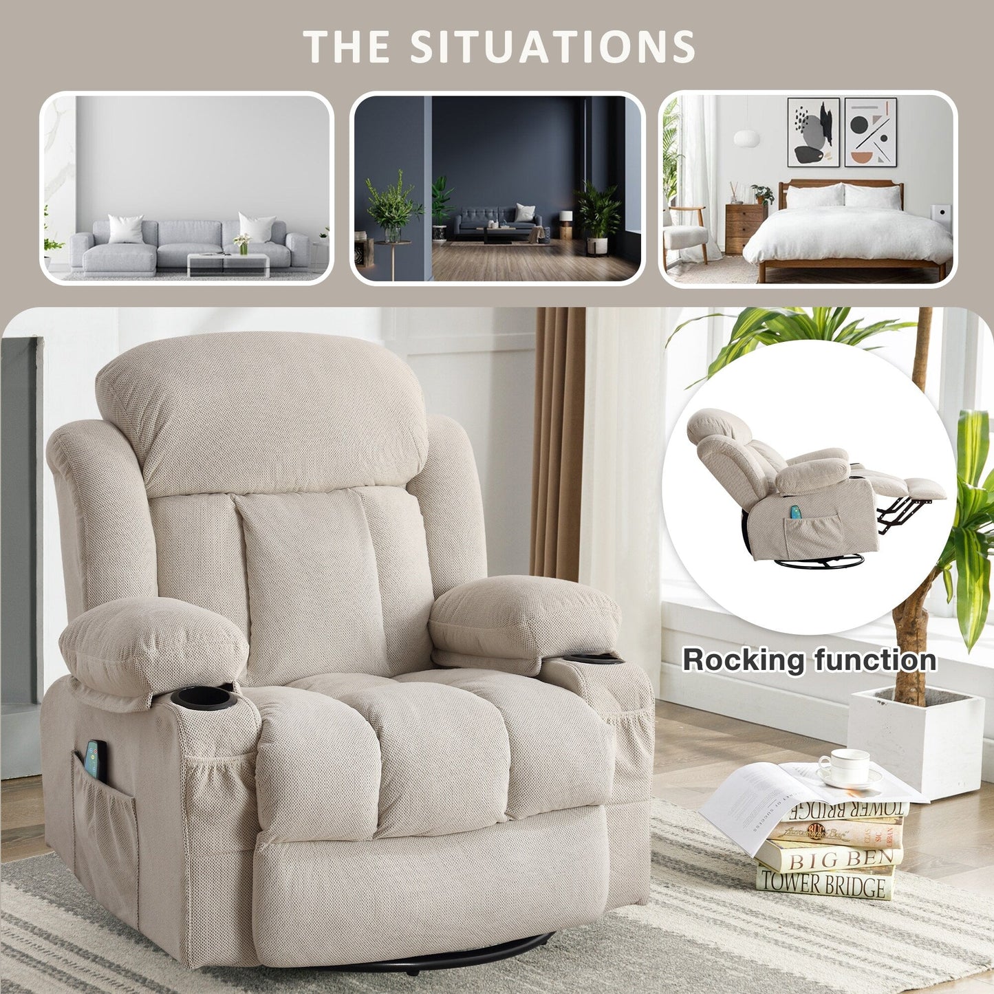 Swinging Lounge Chair Massage Heated Sofa, with USB and 2 Cup Holders in Side Pockets, Plastic Material Armrest