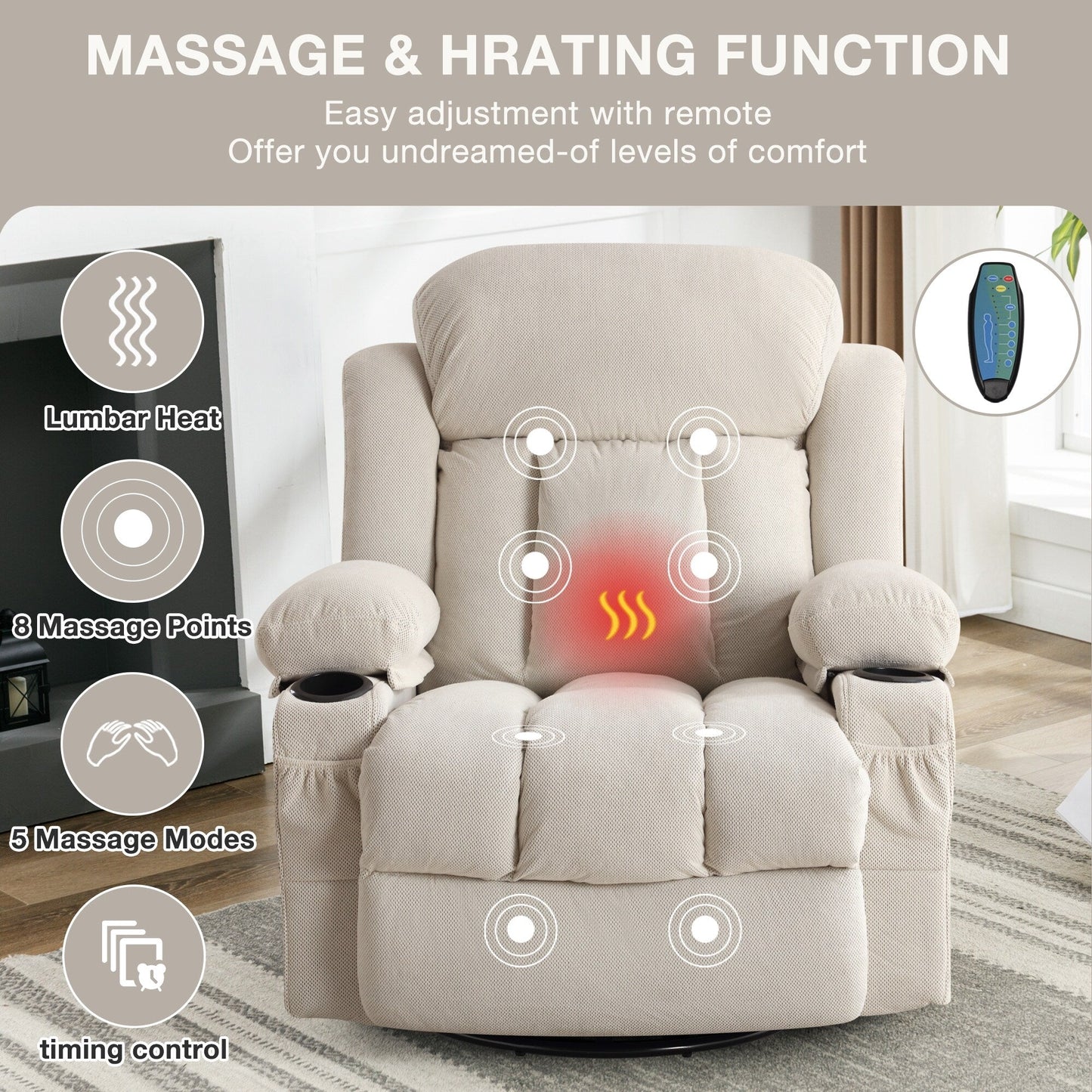Swinging Lounge Chair Massage Heated Sofa, with USB and 2 Cup Holders in Side Pockets, Plastic Material Armrest
