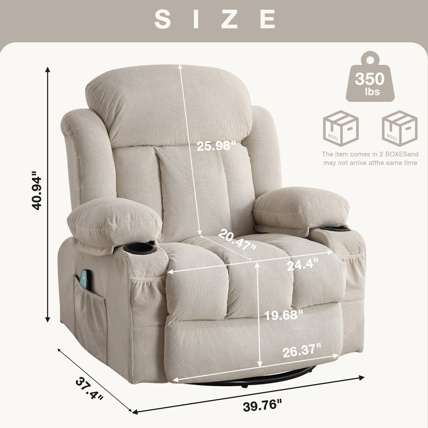Swinging Lounge Chair Massage Heated Sofa, with USB and 2 Cup Holders in Side Pockets, Plastic Material Armrest