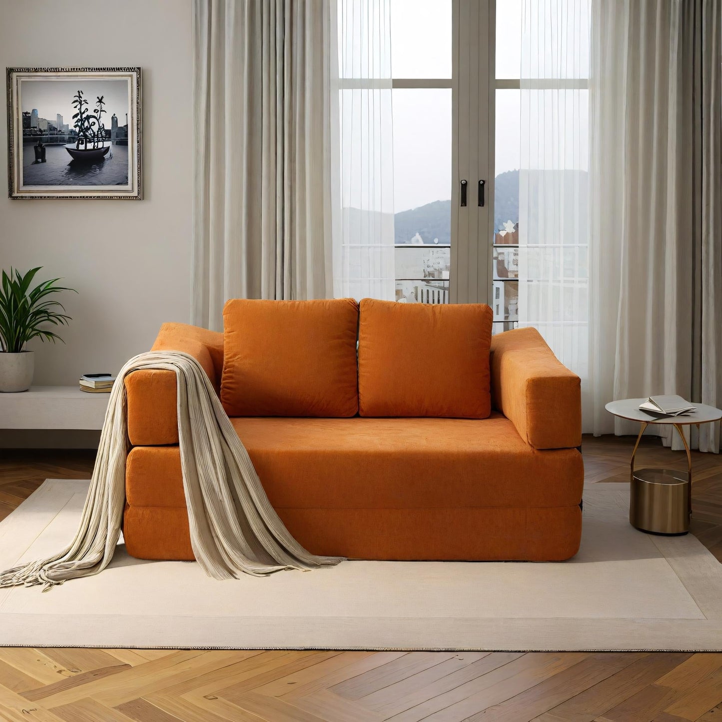 70.87 Upholstered Convertible Sleeper Sofa, Convertible Chair Floor Couch Comfy Sofa for Living Room, Bedroom, Chenille Fabric